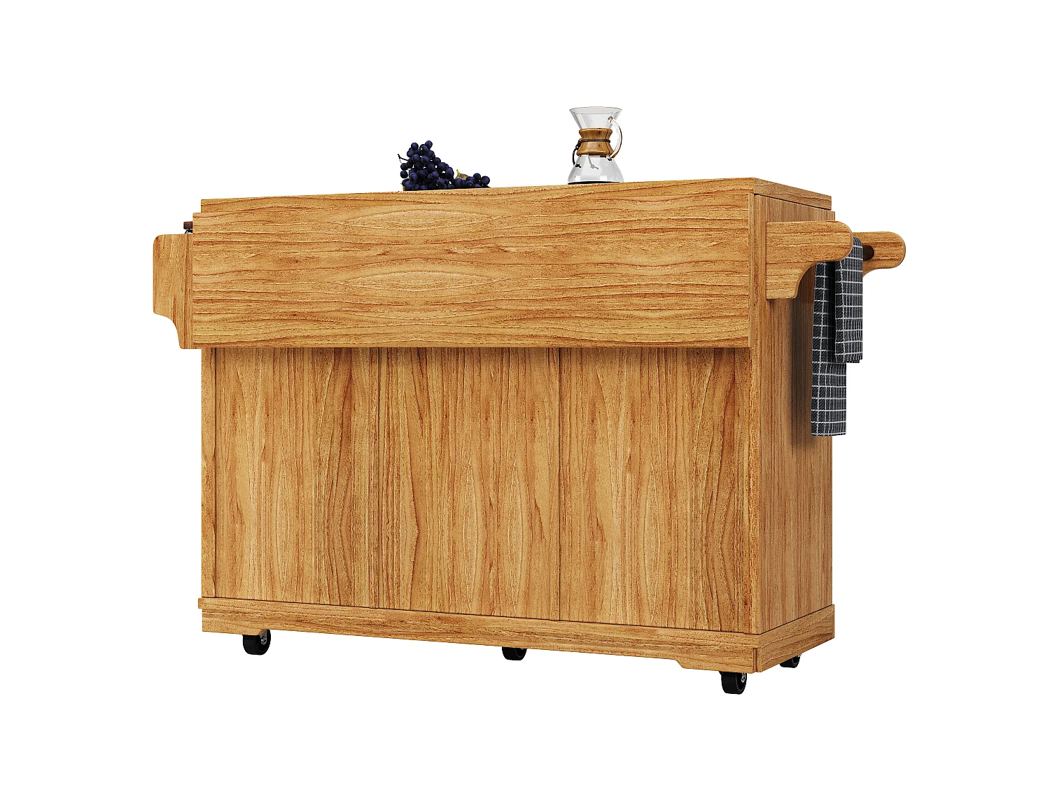 Mobiler & klappbarer Kücheninsel 95cm - Servierwagen mit PE-Rattan-Schubladen, seitlichem Stauraum, ausziehbarer Arbeitsfläche, ergonomischer Höhe - Dunkelbraun