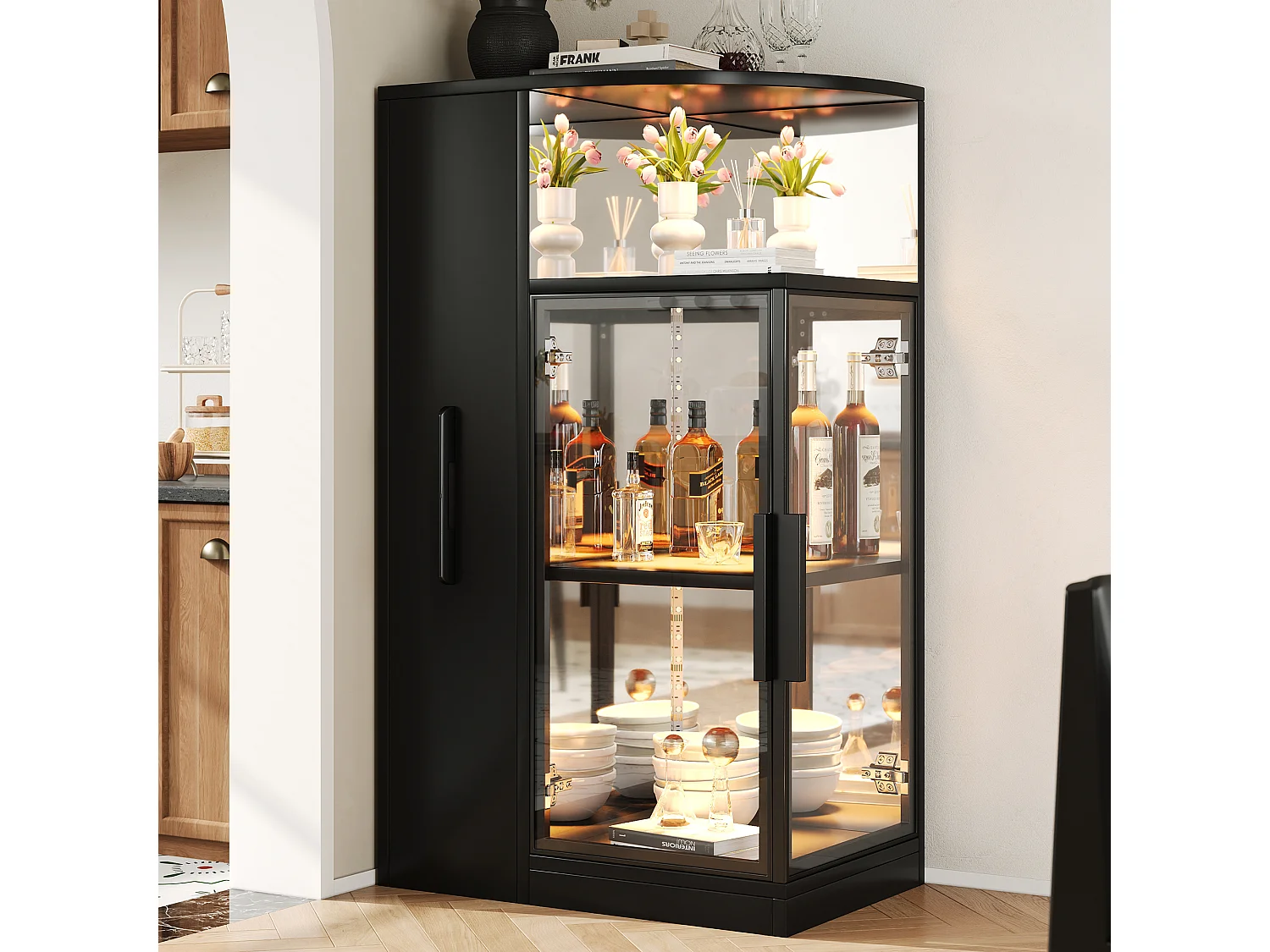 Vitrine extensible en verre 64x42x112 cm - Meuble latéral extensible - Éclairage LED - 2 portes vitrées - Noir