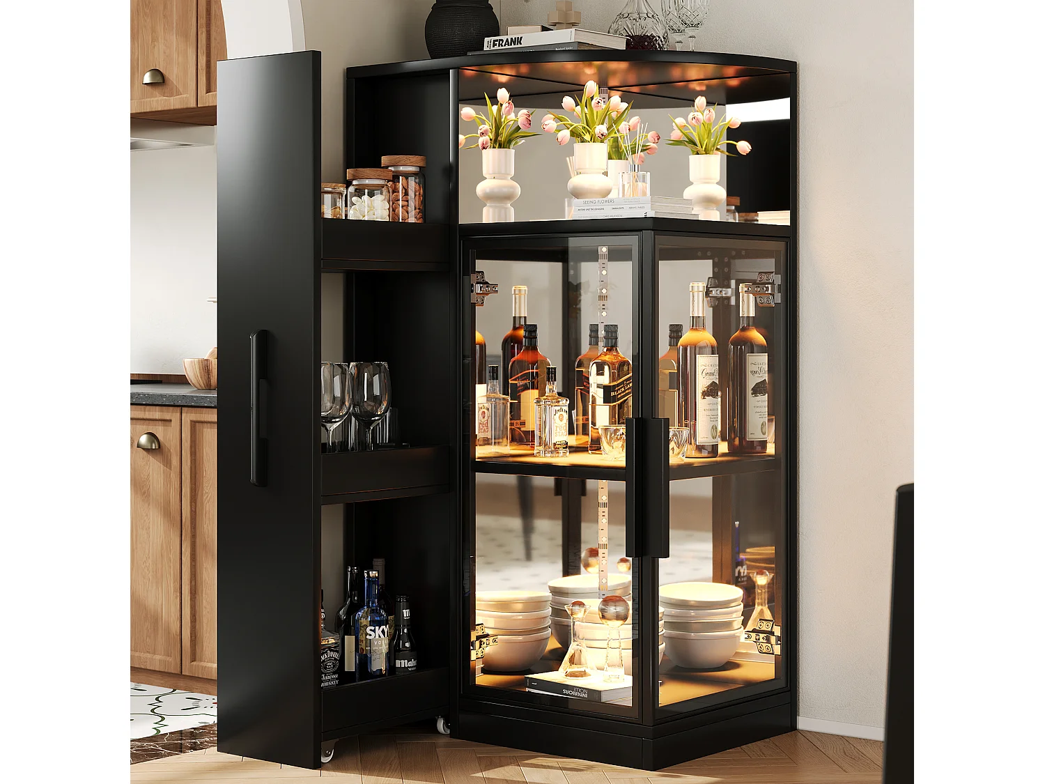 Vitrine extensible en verre 64x42x112 cm - Meuble latéral extensible - Éclairage LED - 2 portes vitrées - Noir