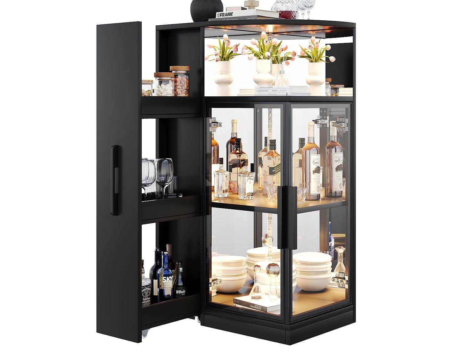 Vitrine extensible en verre 64x42x112 cm - Meuble latéral extensible - Éclairage LED - 2 portes vitrées - Noir