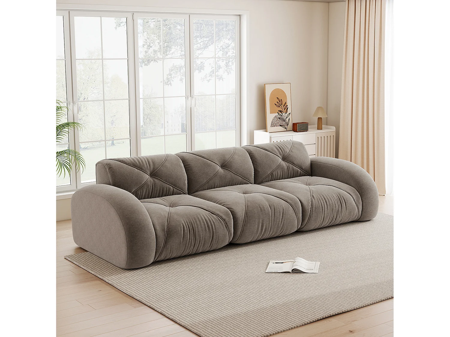 Canapé 3 Places Modulaire en Chenille, Design Minimaliste sans Cadre, Assise Profonde et Confortable - Marron