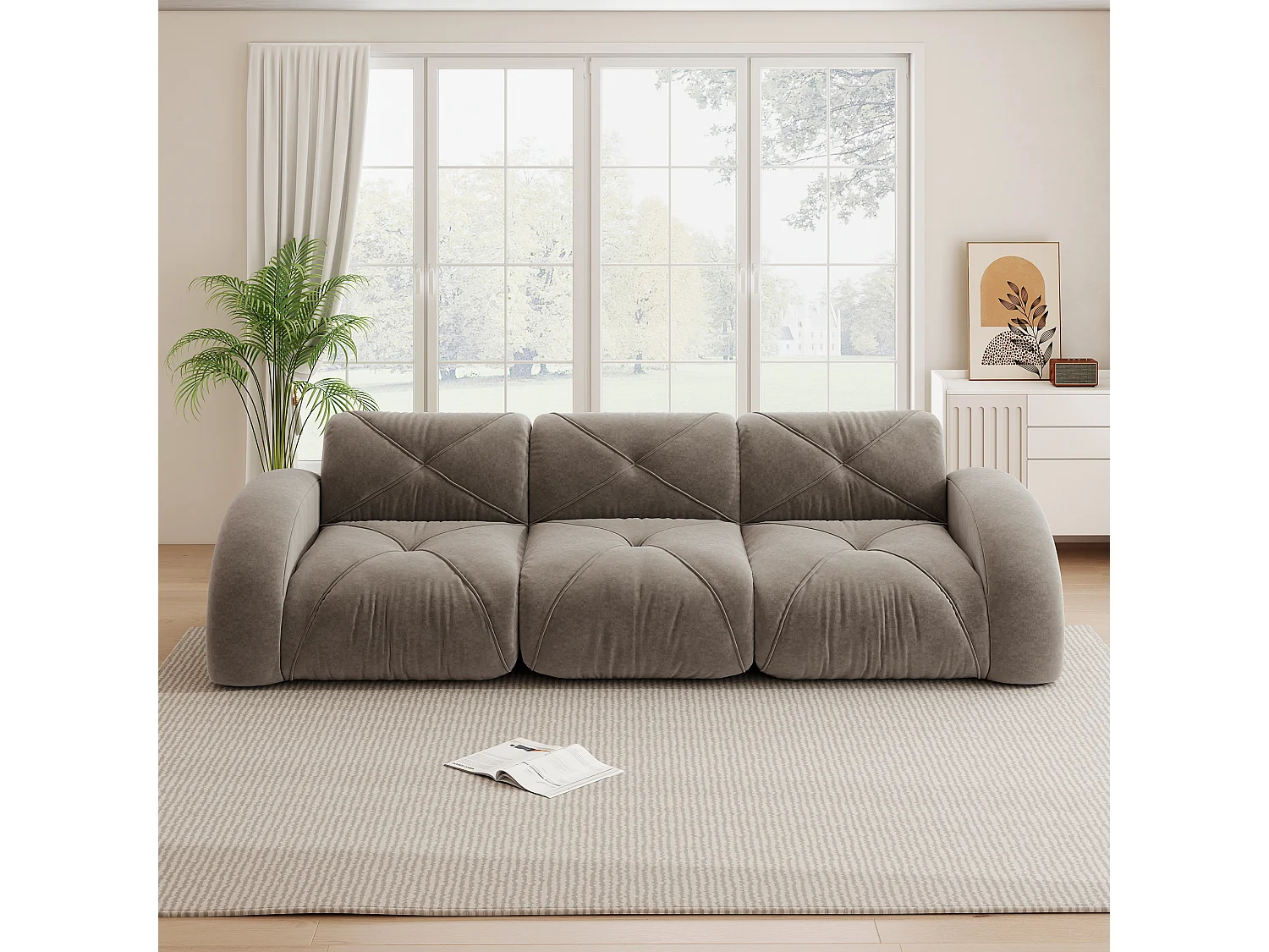 Canapé 3 Places Modulaire en Chenille, Design Minimaliste sans Cadre, Assise Profonde et Confortable - Marron