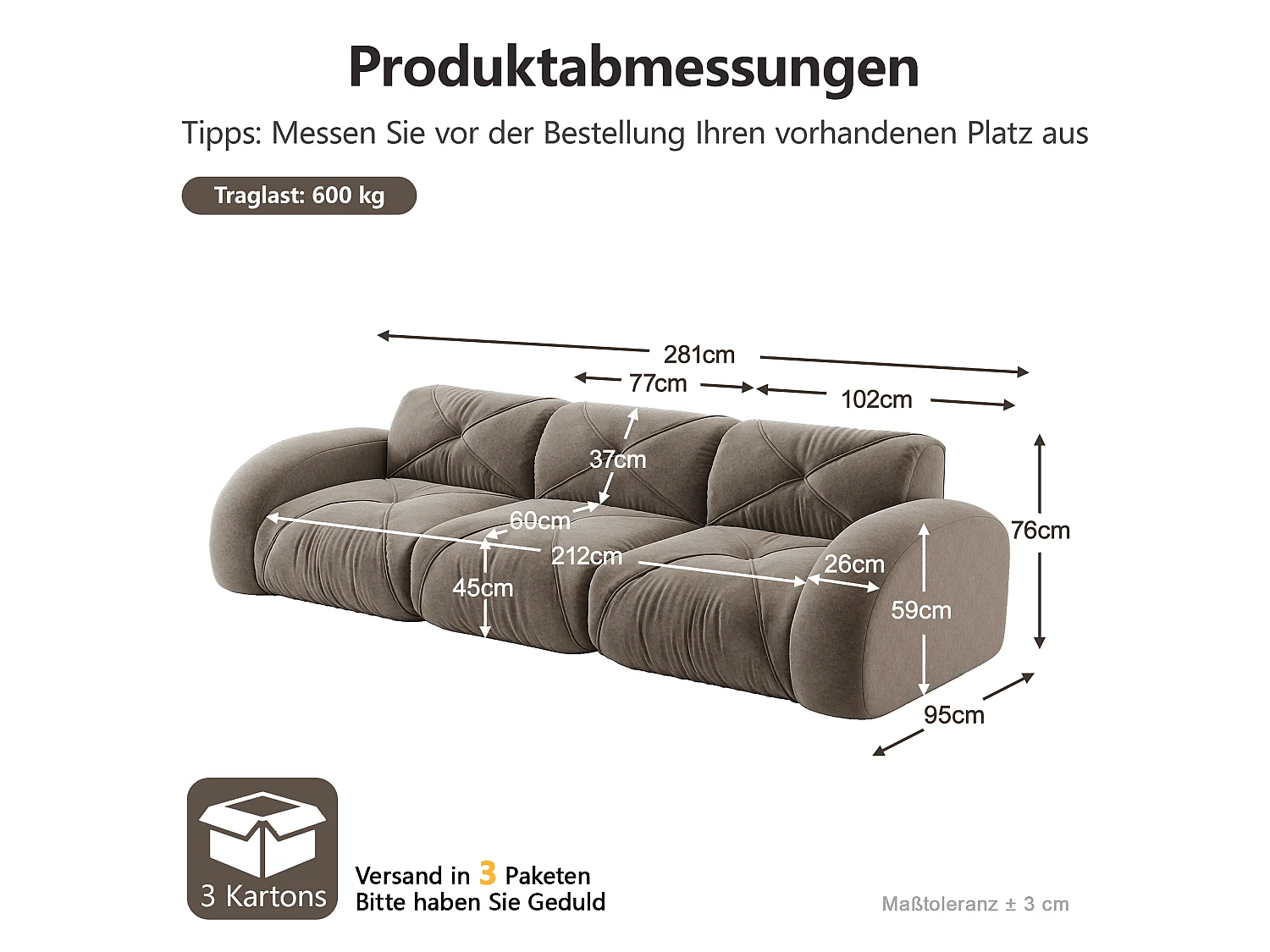 Canapé 3 Places Modulaire en Chenille, Design Minimaliste sans Cadre, Assise Profonde et Confortable - Marron