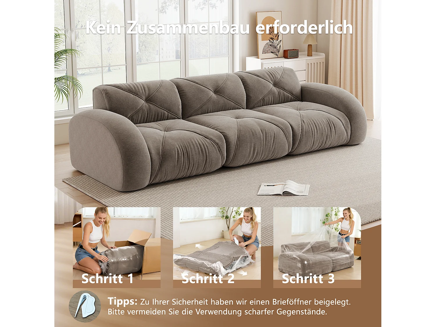 Canapé 3 Places Modulaire en Chenille, Design Minimaliste sans Cadre, Assise Profonde et Confortable - Marron