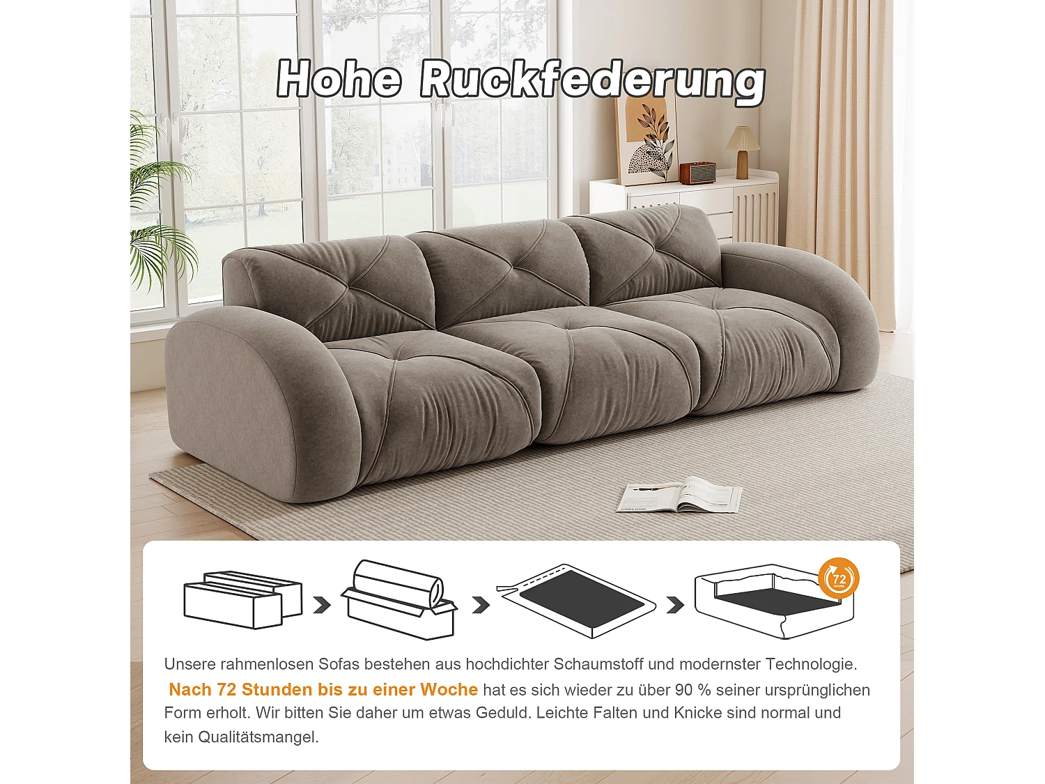 Canapé 3 Places Modulaire en Chenille, Design Minimaliste sans Cadre, Assise Profonde et Confortable - Marron