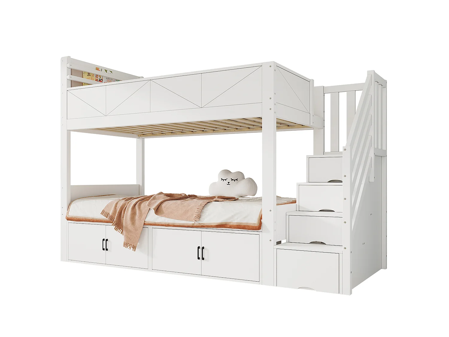 Lit superposé enfant 90x200 cm - escalier avec rangement - niveau inférieur avec casiers - Bois massif + MDF - Blanc (sans matelas)