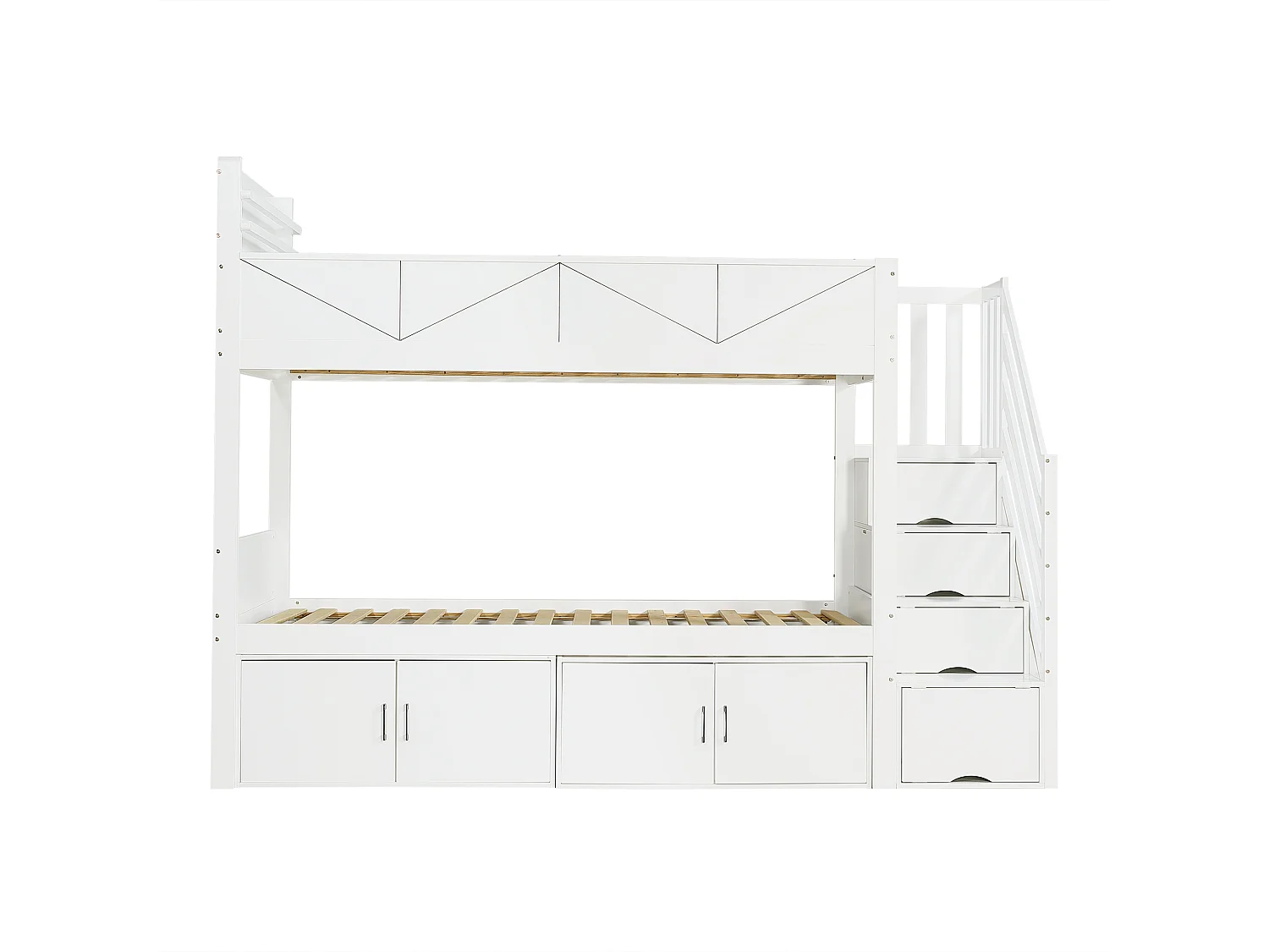 Lit superposé enfant 90x200 cm - escalier avec rangement - niveau inférieur avec casiers - Bois massif + MDF - Blanc (sans matelas)