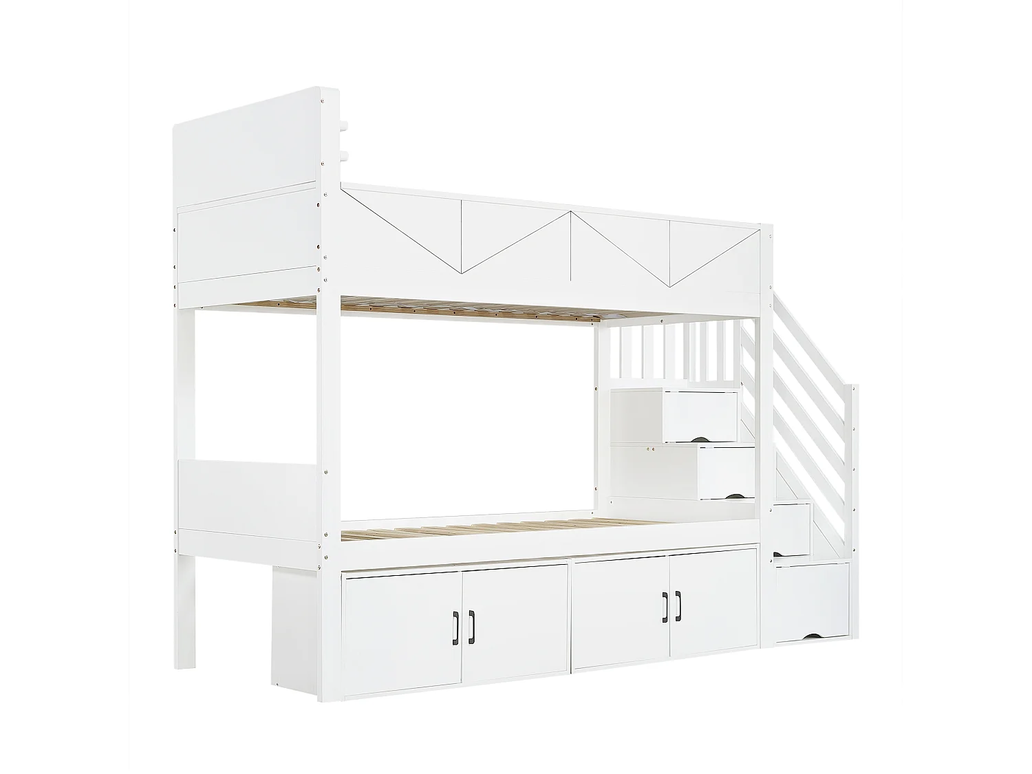 Lit superposé enfant 90x200 cm - escalier avec rangement - niveau inférieur avec casiers - Bois massif + MDF - Blanc (sans matelas)