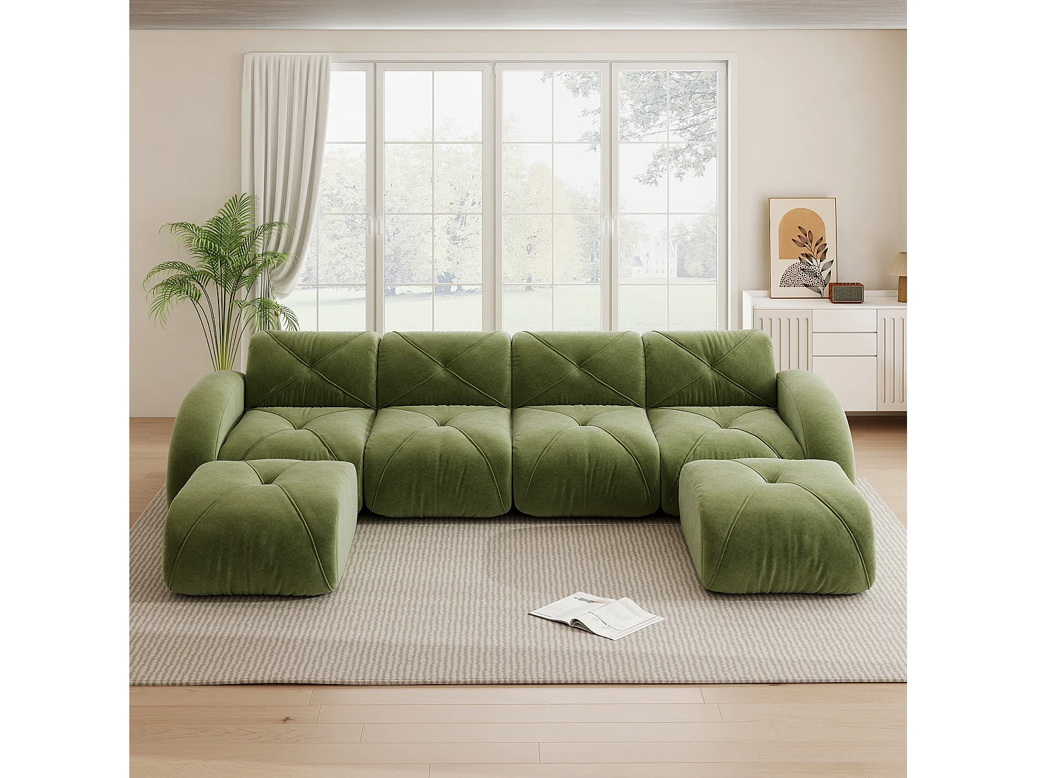 Canapé d'Angle Modulaire 4 Places avec 2 Poufs en Chenille, Design Minimaliste sans Cadre, Assise Profonde et Flexible - Vert