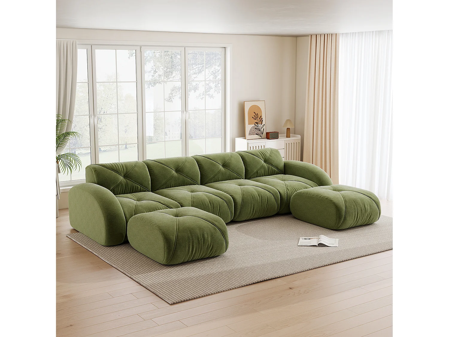 Canapé d'Angle Modulaire 4 Places avec 2 Poufs en Chenille, Design Minimaliste sans Cadre, Assise Profonde et Flexible - Vert