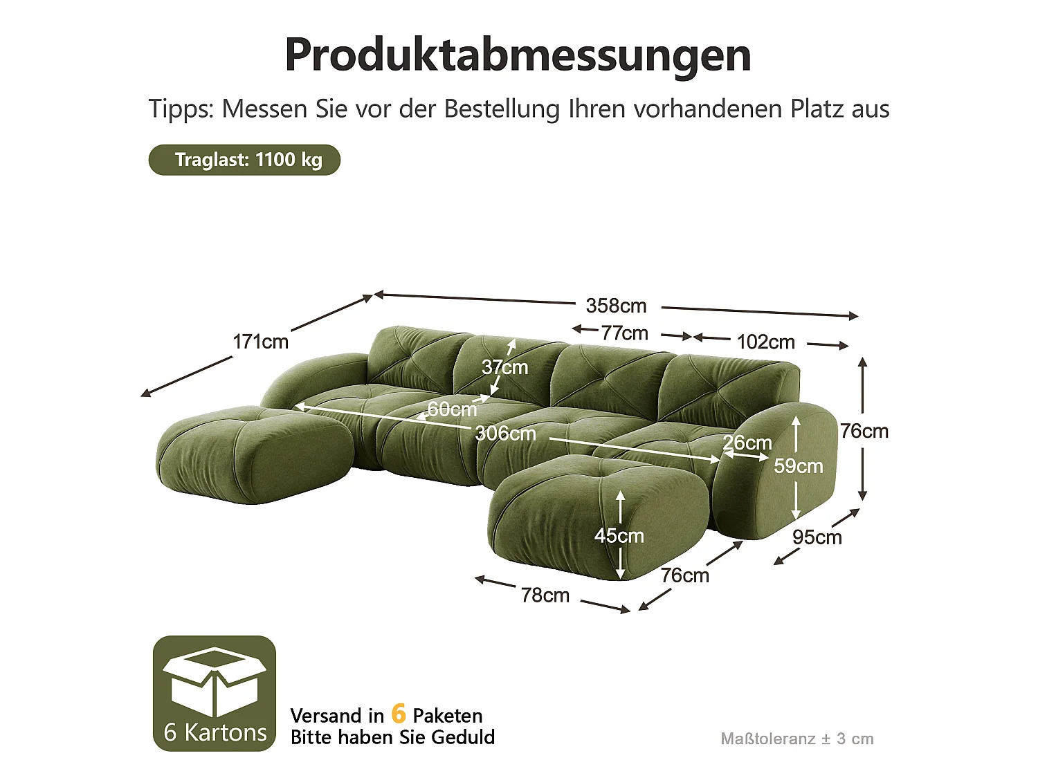 Canapé d'Angle Modulaire 4 Places avec 2 Poufs en Chenille, Design Minimaliste sans Cadre, Assise Profonde et Flexible - Vert