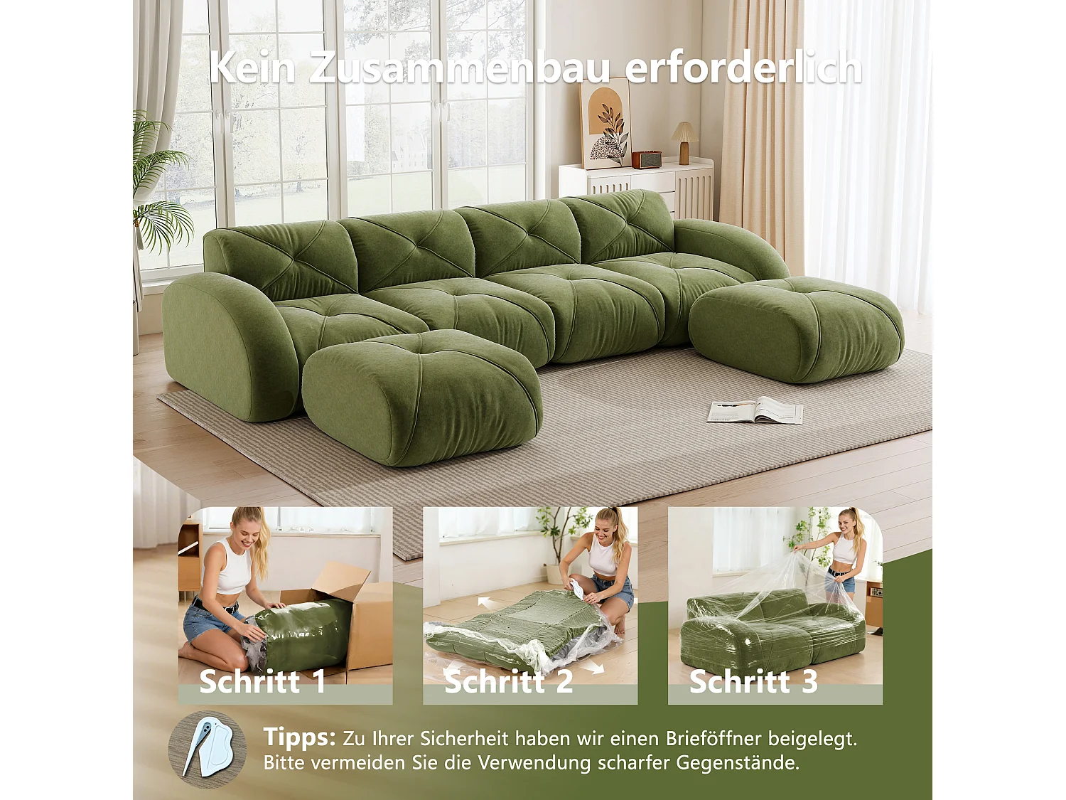 Canapé d'Angle Modulaire 4 Places avec 2 Poufs en Chenille, Design Minimaliste sans Cadre, Assise Profonde et Flexible - Vert