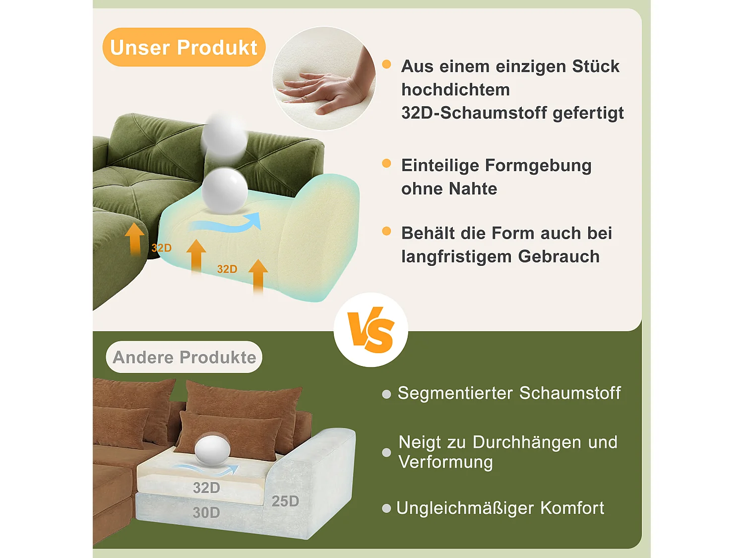Canapé d'Angle Modulaire 4 Places avec 2 Poufs en Chenille, Design Minimaliste sans Cadre, Assise Profonde et Flexible - Vert