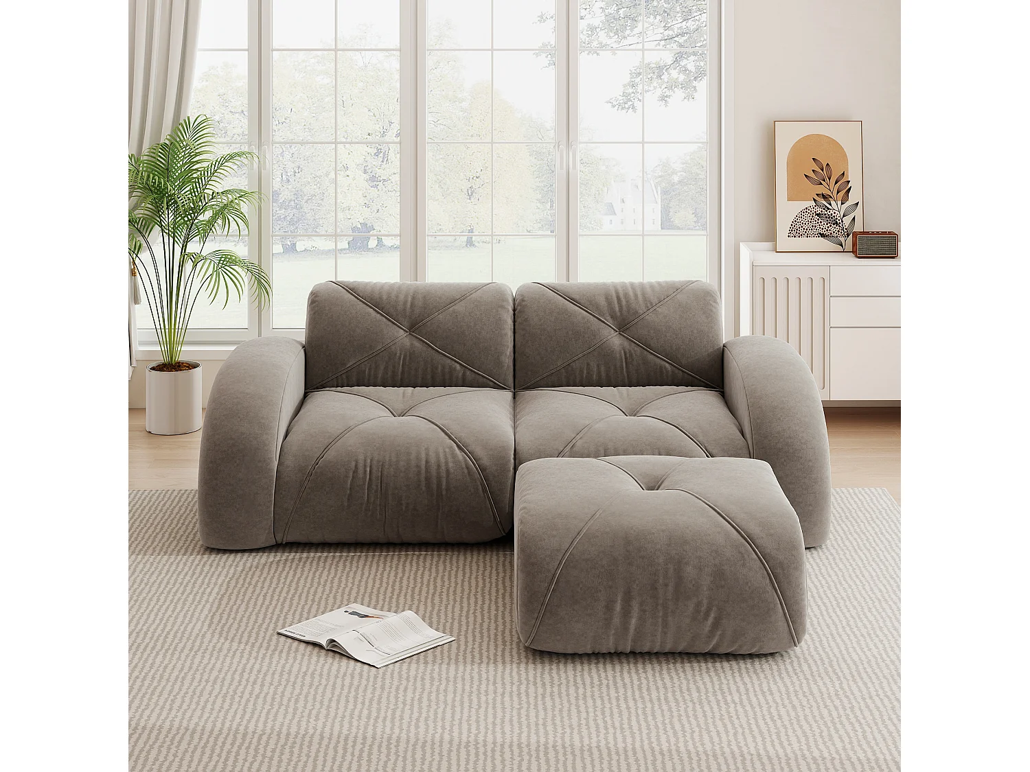 Canapé d'Angle Modulaire 2 Places avec Pouf en Chenille, Design Minimaliste sans Cadre, Assise Profonde et Flexible - Marron