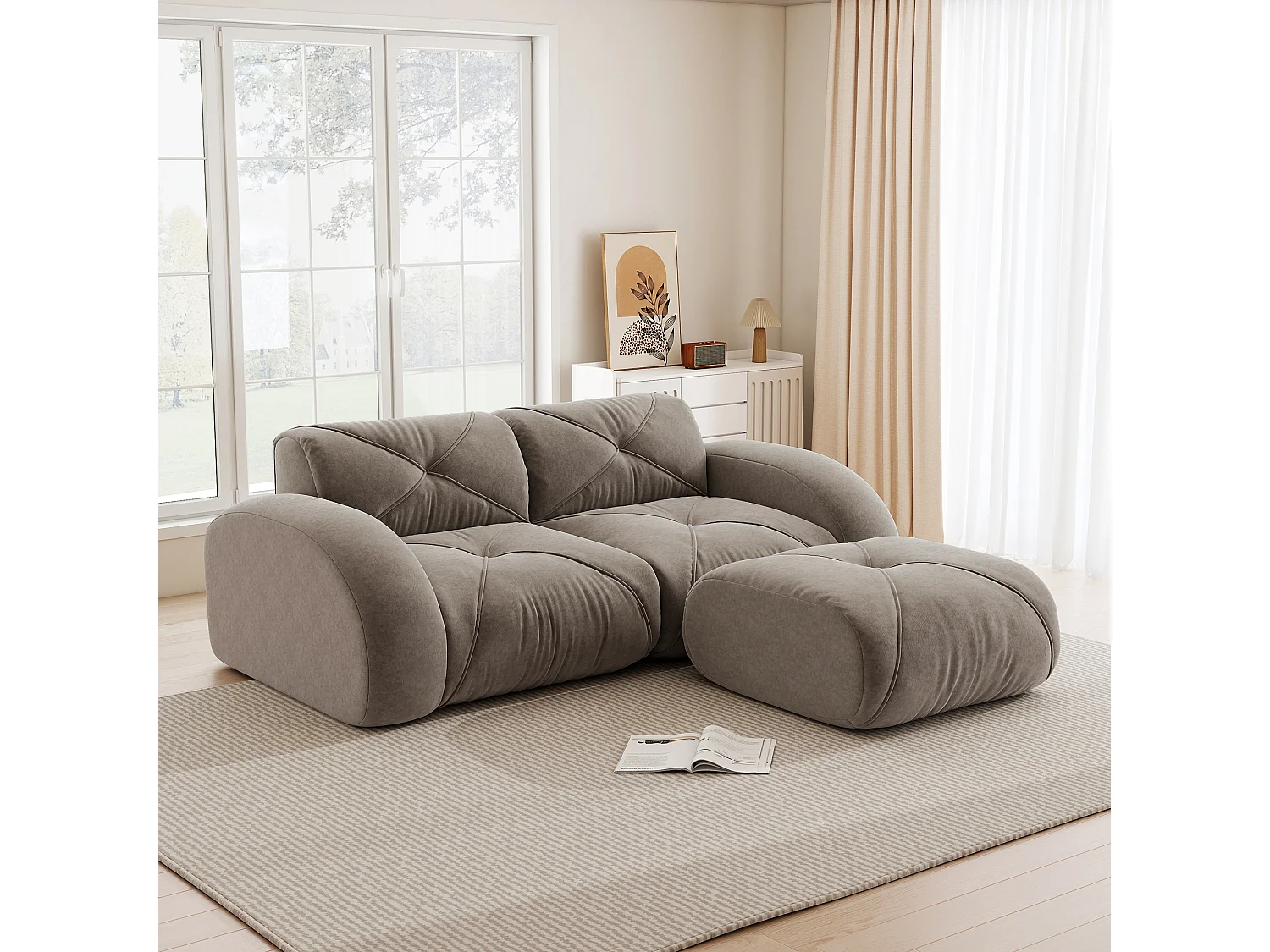 Canapé d'Angle Modulaire 2 Places avec Pouf en Chenille, Design Minimaliste sans Cadre, Assise Profonde et Flexible - Marron