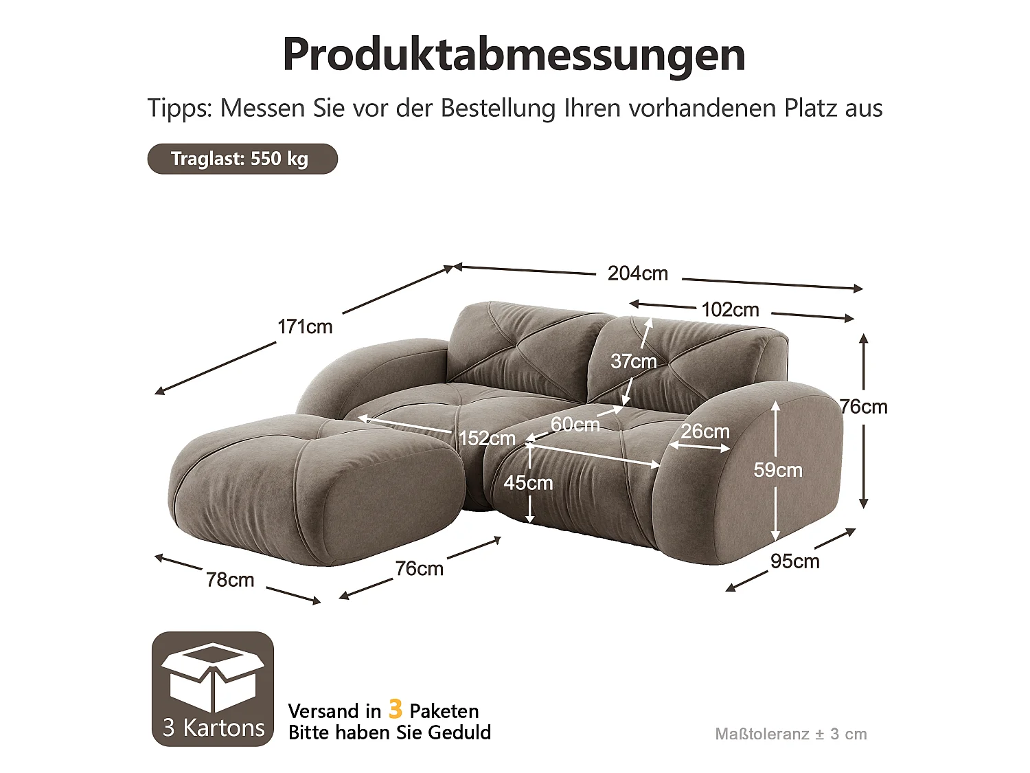 Canapé d'Angle Modulaire 2 Places avec Pouf en Chenille, Design Minimaliste sans Cadre, Assise Profonde et Flexible - Marron