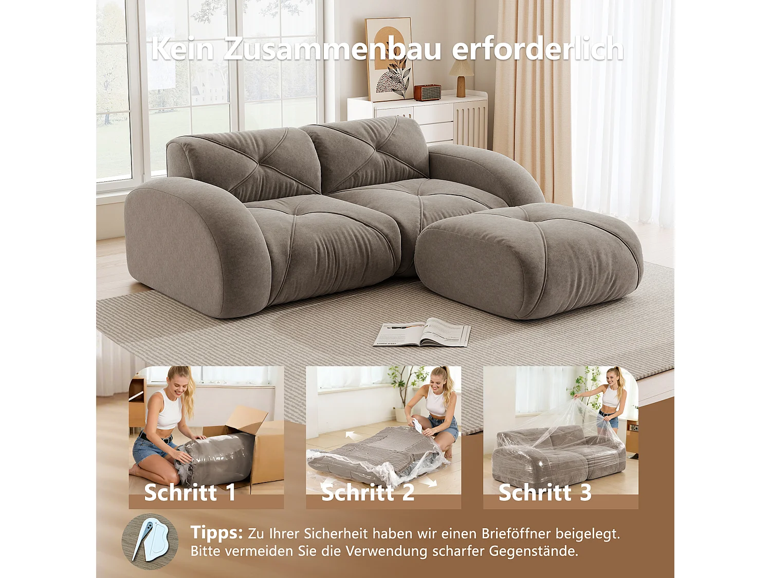 Canapé d'Angle Modulaire 2 Places avec Pouf en Chenille, Design Minimaliste sans Cadre, Assise Profonde et Flexible - Marron