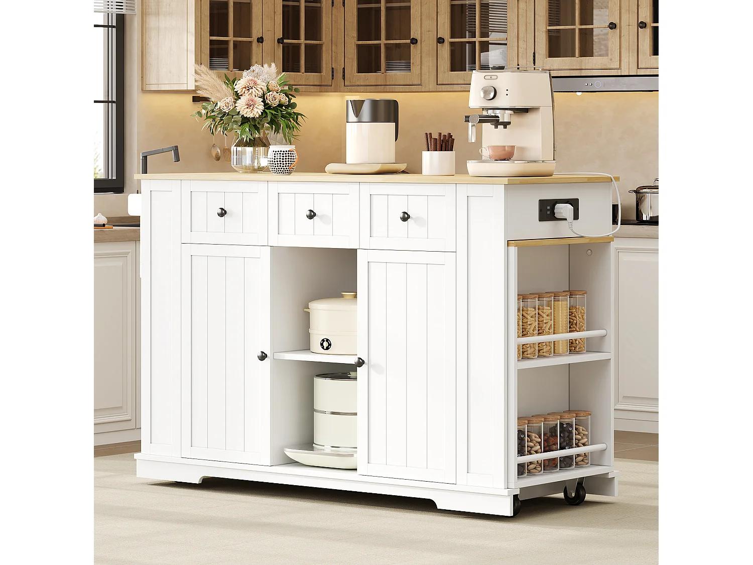 Îlot central de cuisine mobile - table à manger extensible - avec 2 portes et 3 tiroirs - étagère de rangement - Blanc