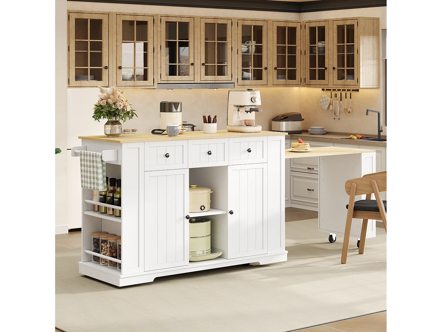 Îlot central de cuisine mobile - table à manger extensible - avec 2 portes et 3 tiroirs - étagère de rangement - Blanc