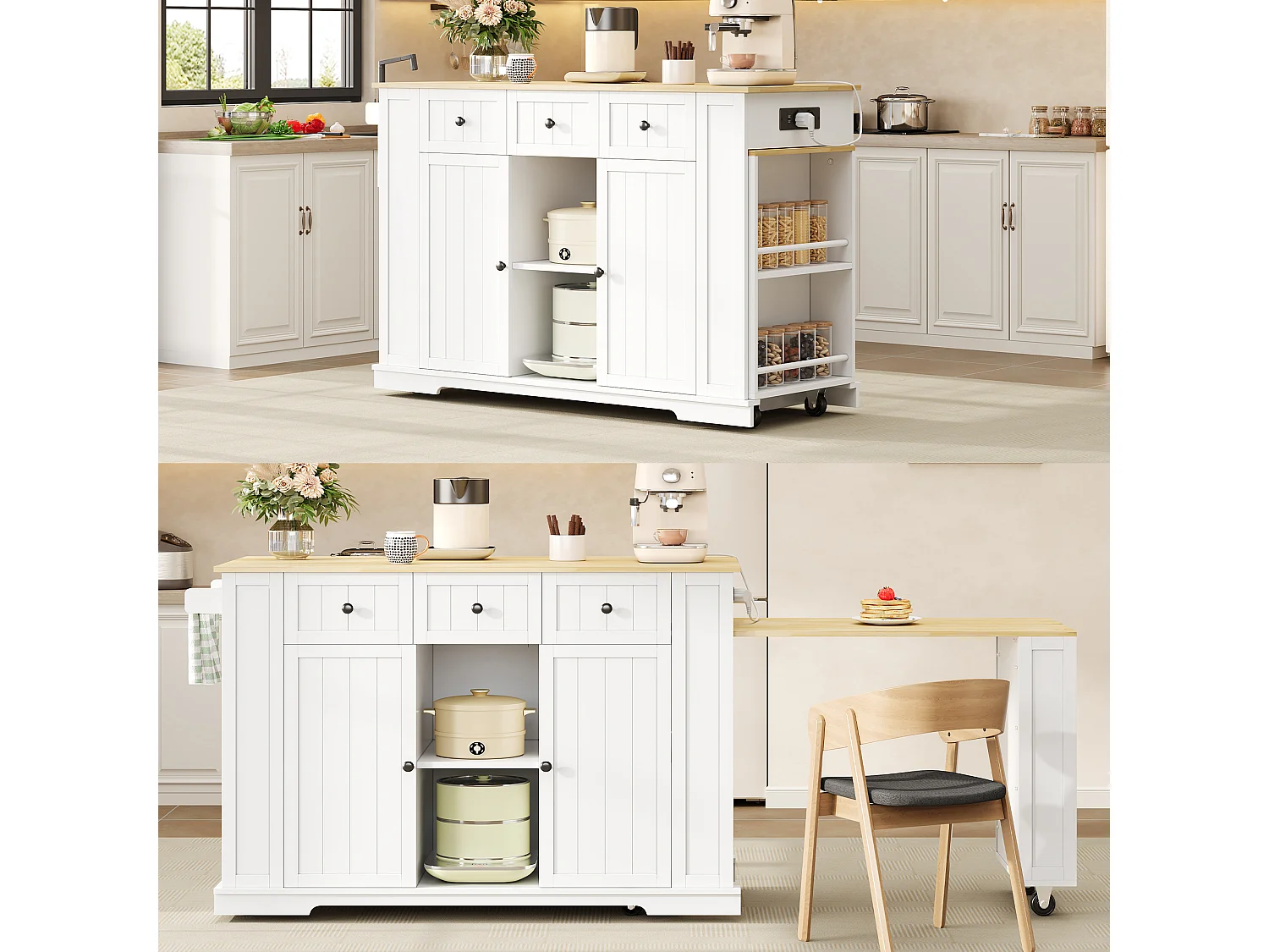 Îlot central de cuisine mobile - table à manger extensible - avec 2 portes et 3 tiroirs - étagère de rangement - Blanc