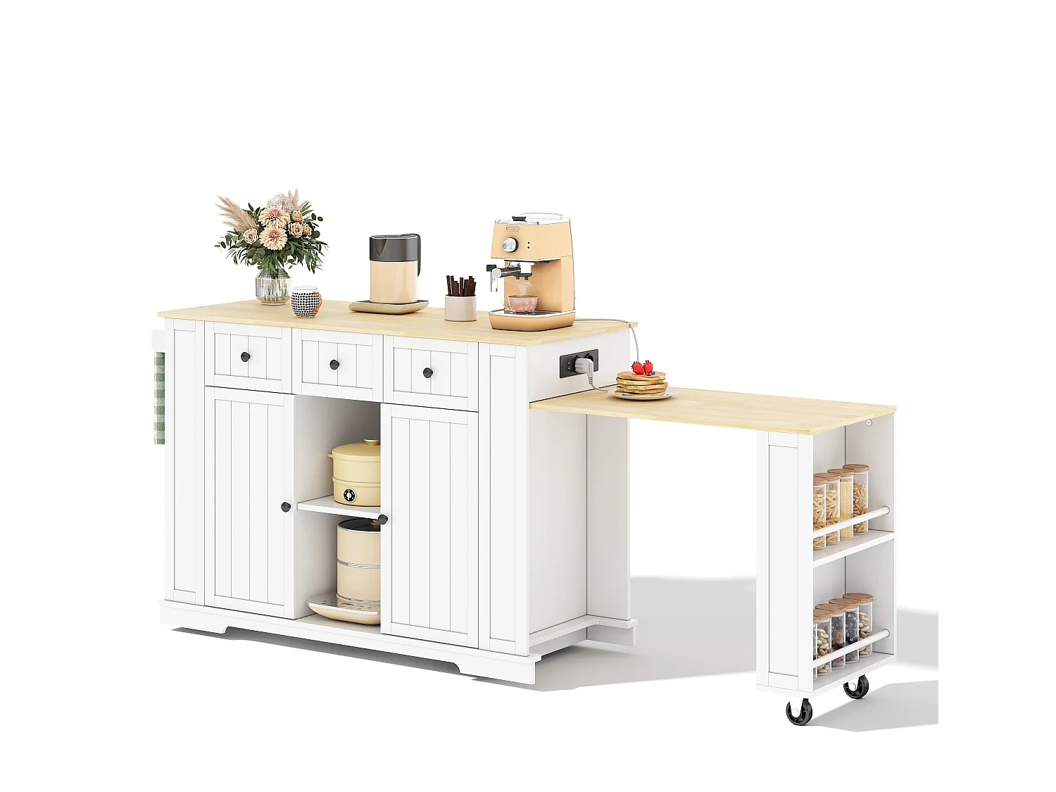 Îlot central de cuisine mobile - table à manger extensible - avec 2 portes et 3 tiroirs - étagère de rangement - Blanc