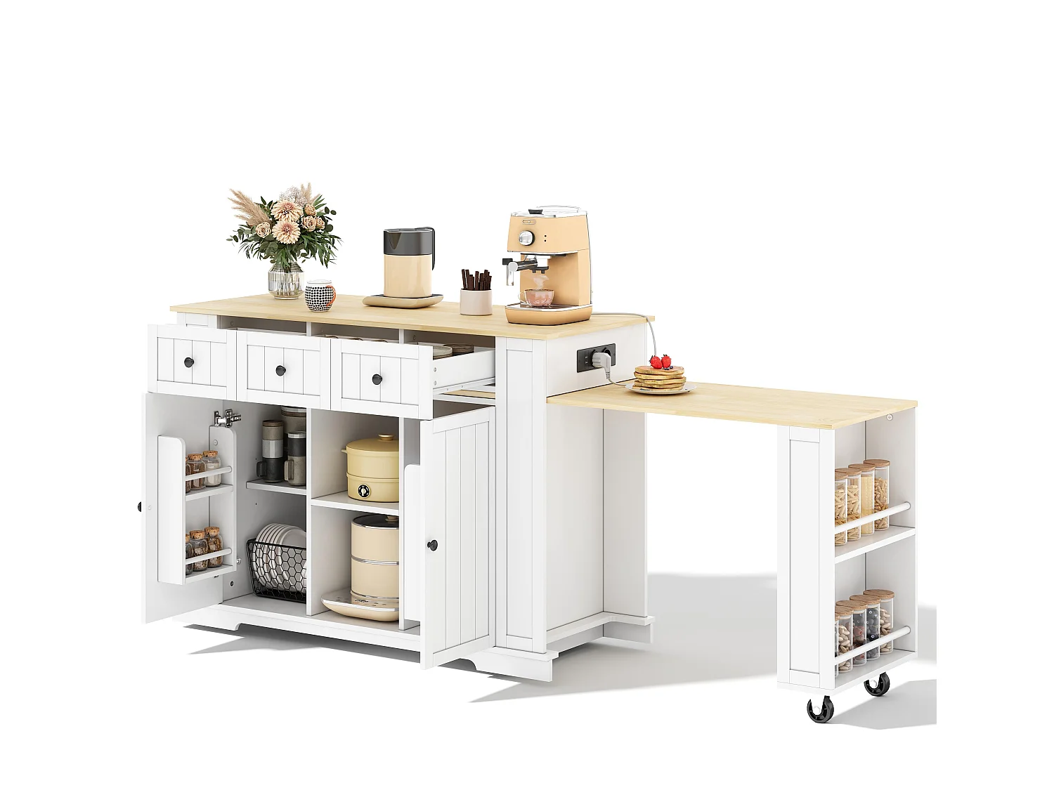 Îlot central de cuisine mobile - table à manger extensible - avec 2 portes et 3 tiroirs - étagère de rangement - Blanc