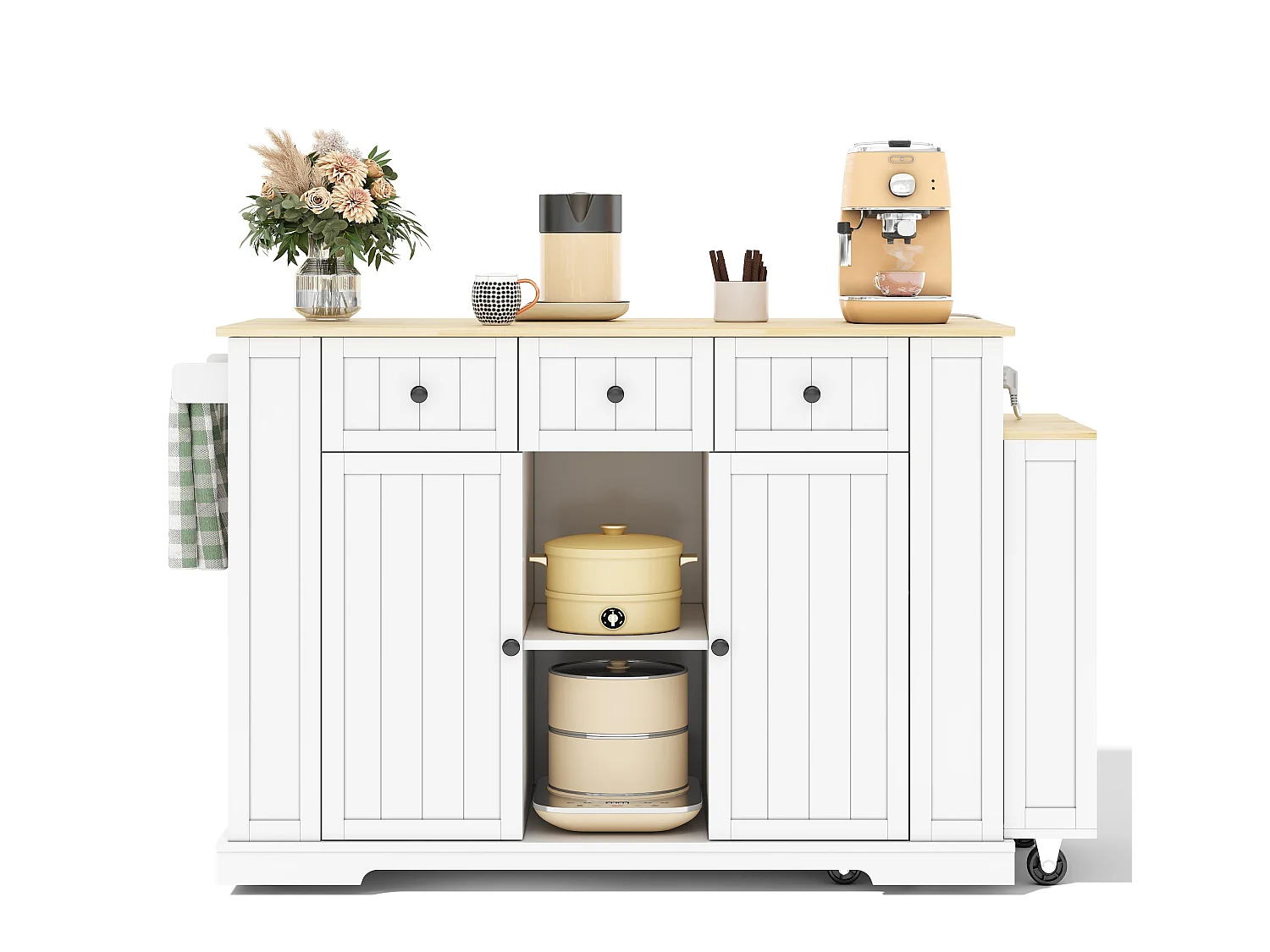 Îlot central de cuisine mobile - table à manger extensible - avec 2 portes et 3 tiroirs - étagère de rangement - Blanc