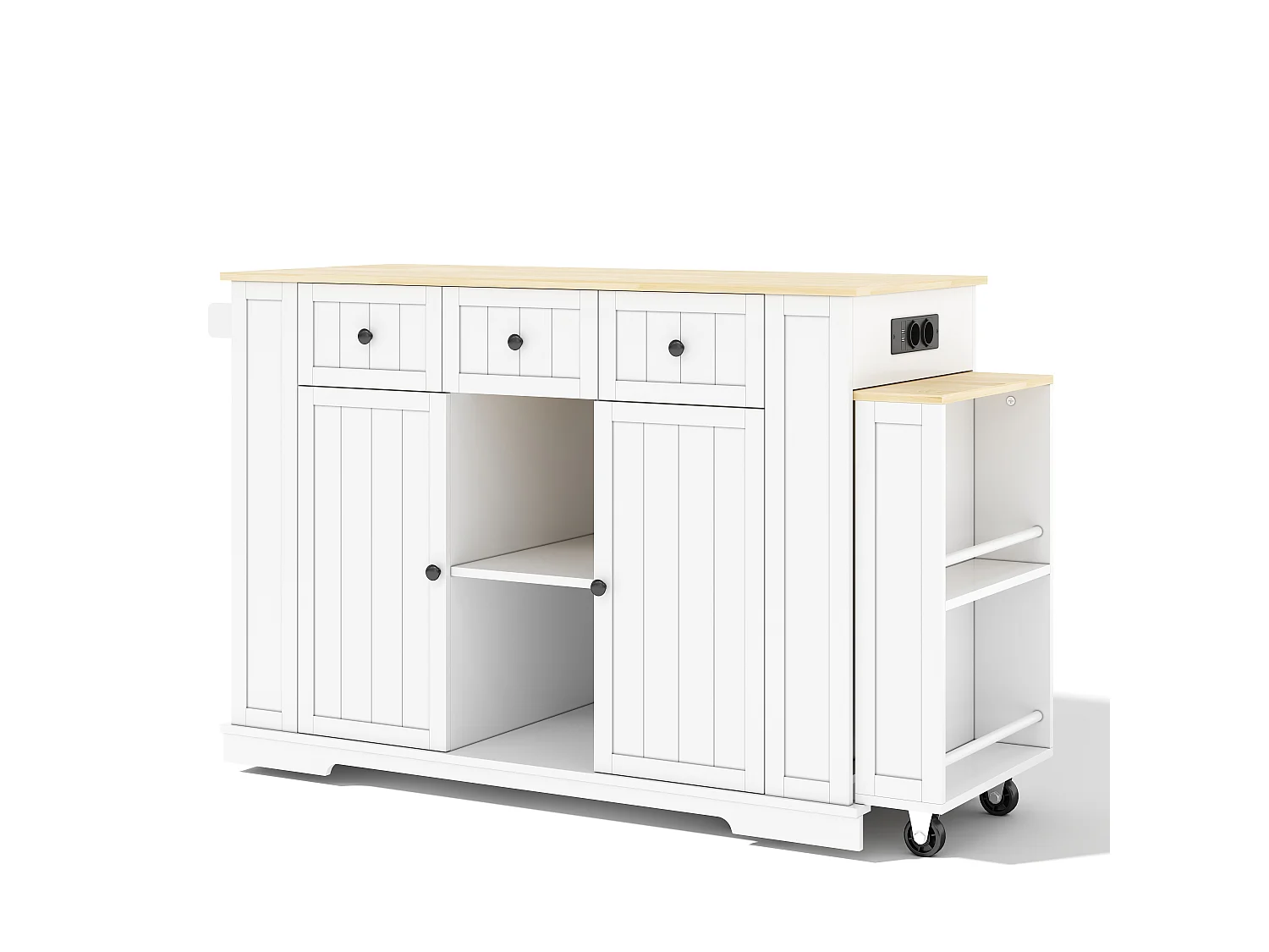 Îlot central de cuisine mobile - table à manger extensible - avec 2 portes et 3 tiroirs - étagère de rangement - Blanc