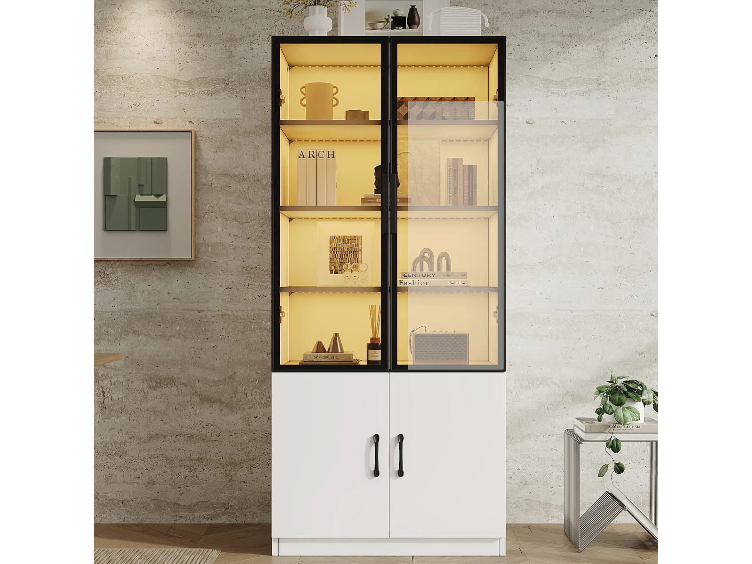 Vitrine en verre 60×40×160 cm - Éclairage LED - Avec 4 portes - Structure en aluminium - Panneaux de particules - Blanc