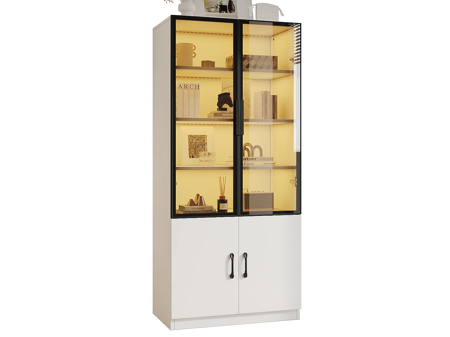 Vitrine en verre 60×40×160 cm - Éclairage LED - Avec 4 portes - Structure en aluminium - Panneaux de particules - Blanc