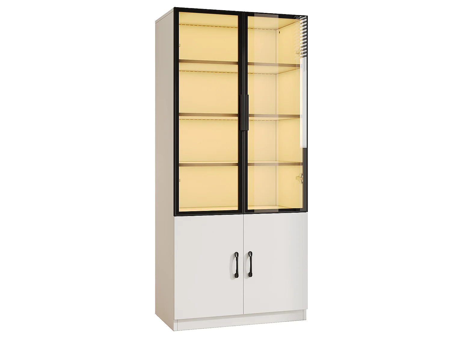 Vitrine en verre 60×40×160 cm - Éclairage LED - Avec 4 portes - Structure en aluminium - Panneaux de particules - Blanc