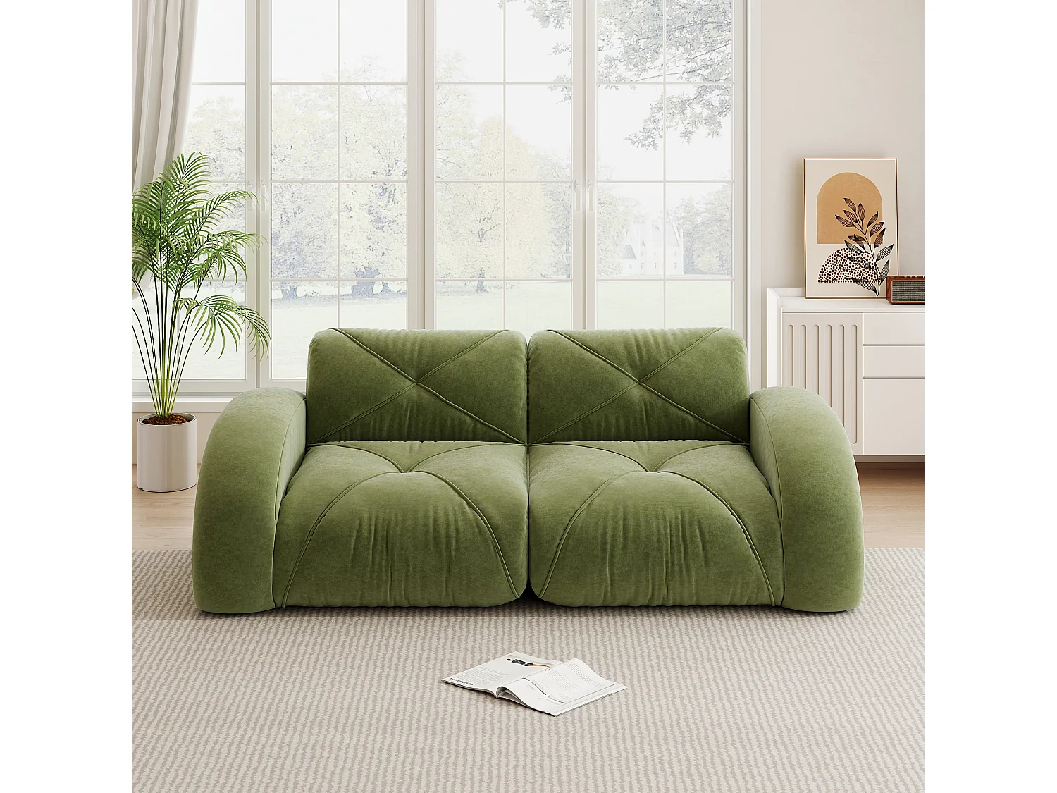Canapé 2 Places Modulaire en Chenille, Design Minimaliste sans Cadre, Assise Profonde et Confortable - Vert