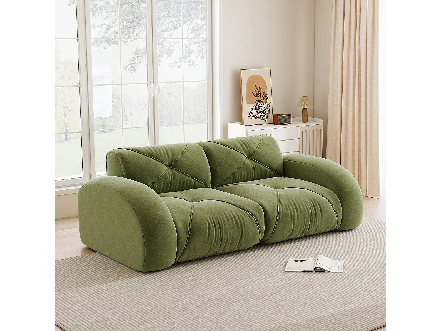 Canapé 2 Places Modulaire en Chenille, Design Minimaliste sans Cadre, Assise Profonde et Confortable - Vert