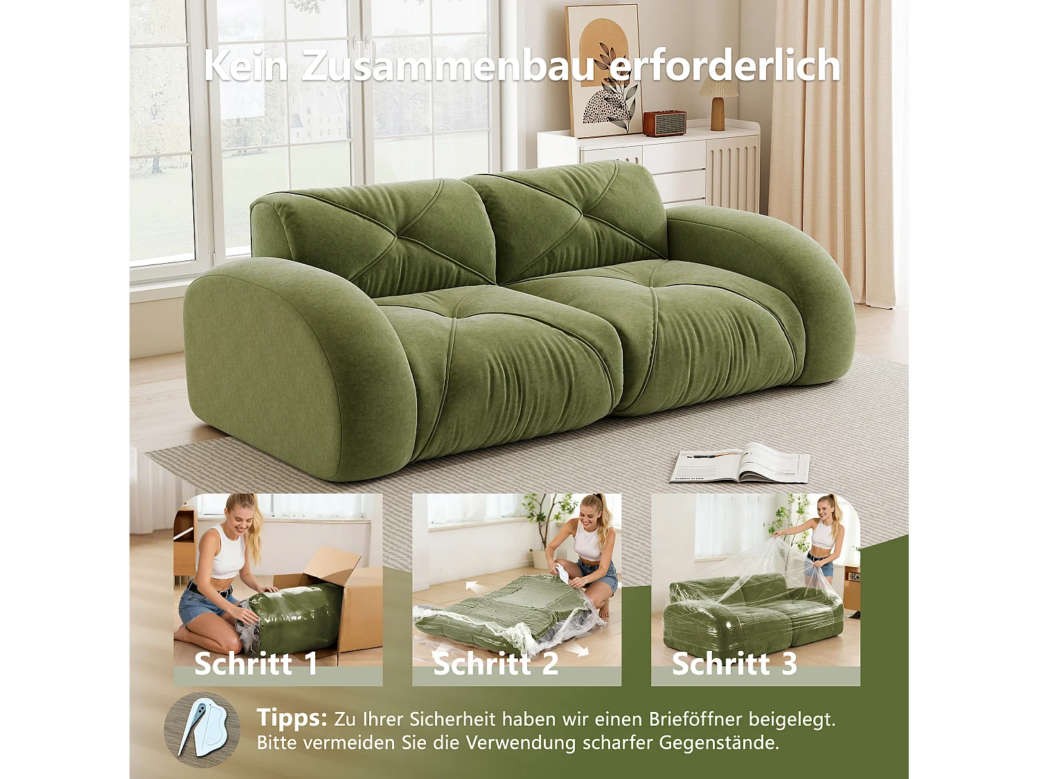 Canapé 2 Places Modulaire en Chenille, Design Minimaliste sans Cadre, Assise Profonde et Confortable - Vert