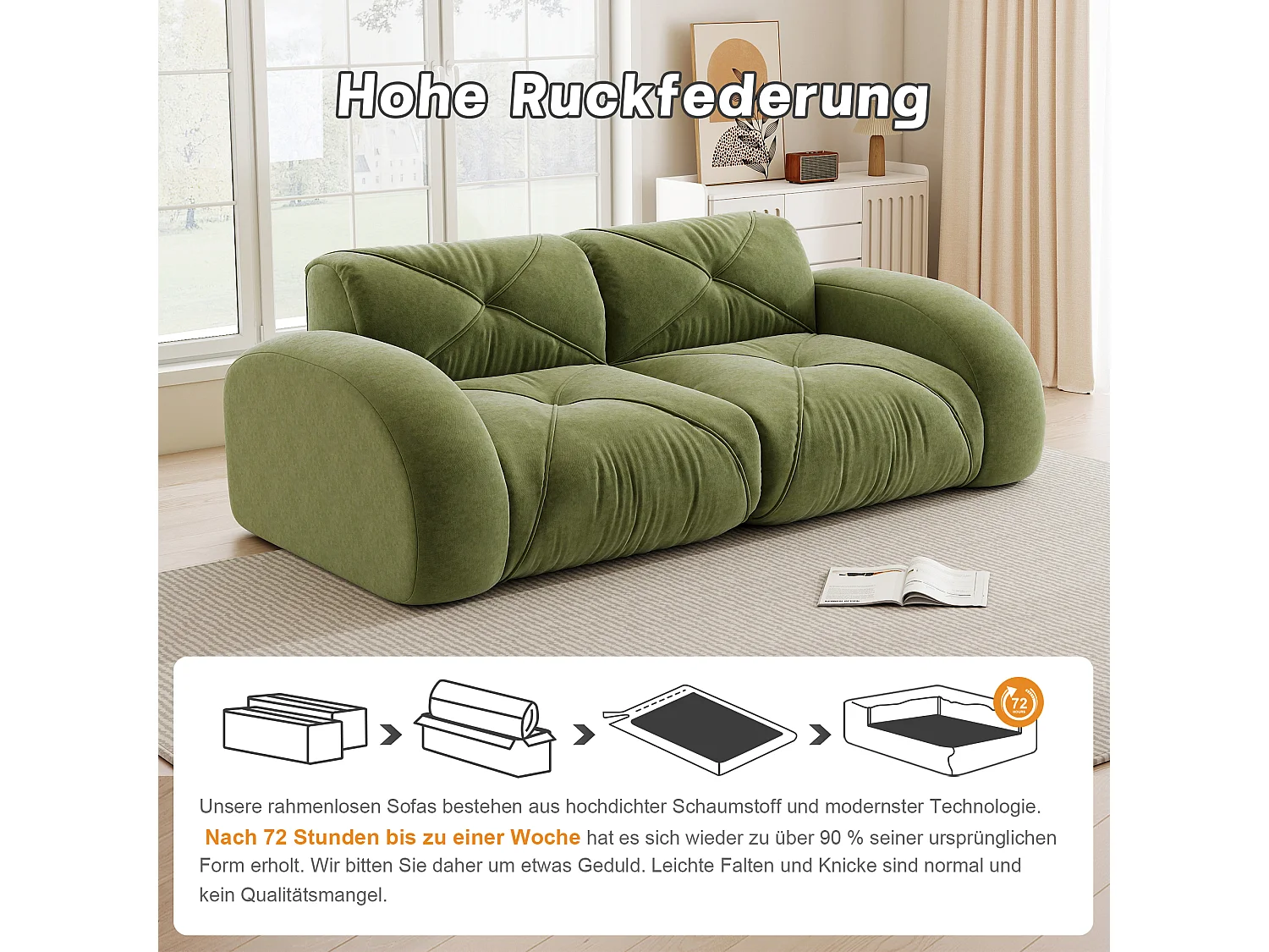 Canapé 2 Places Modulaire en Chenille, Design Minimaliste sans Cadre, Assise Profonde et Confortable - Vert