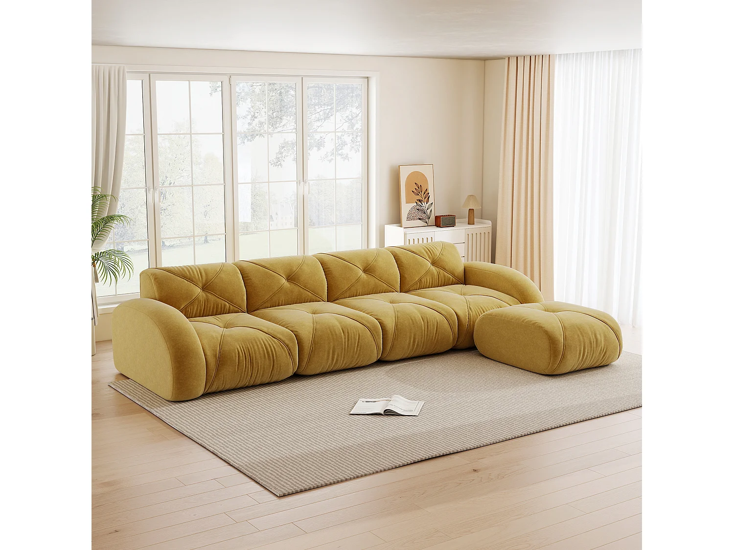 Canapé d'Angle Modulaire 4 Places avec Pouf en Chenille, Design Minimaliste sans Cadre, Assise Profonde et Flexible - Jaune