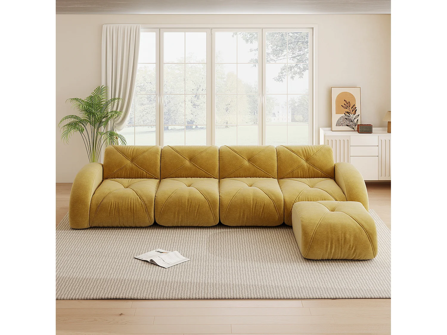 Canapé d'Angle Modulaire 4 Places avec Pouf en Chenille, Design Minimaliste sans Cadre, Assise Profonde et Flexible - Jaune