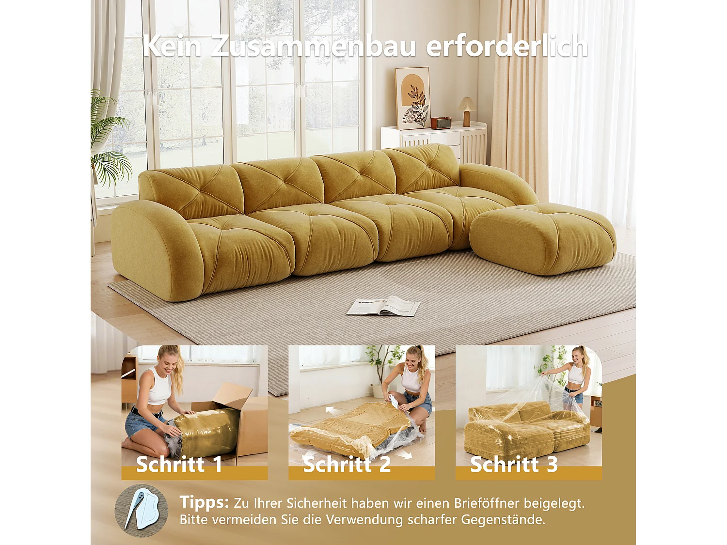Canapé d'Angle Modulaire 4 Places avec Pouf en Chenille, Design Minimaliste sans Cadre, Assise Profonde et Flexible - Jaune
