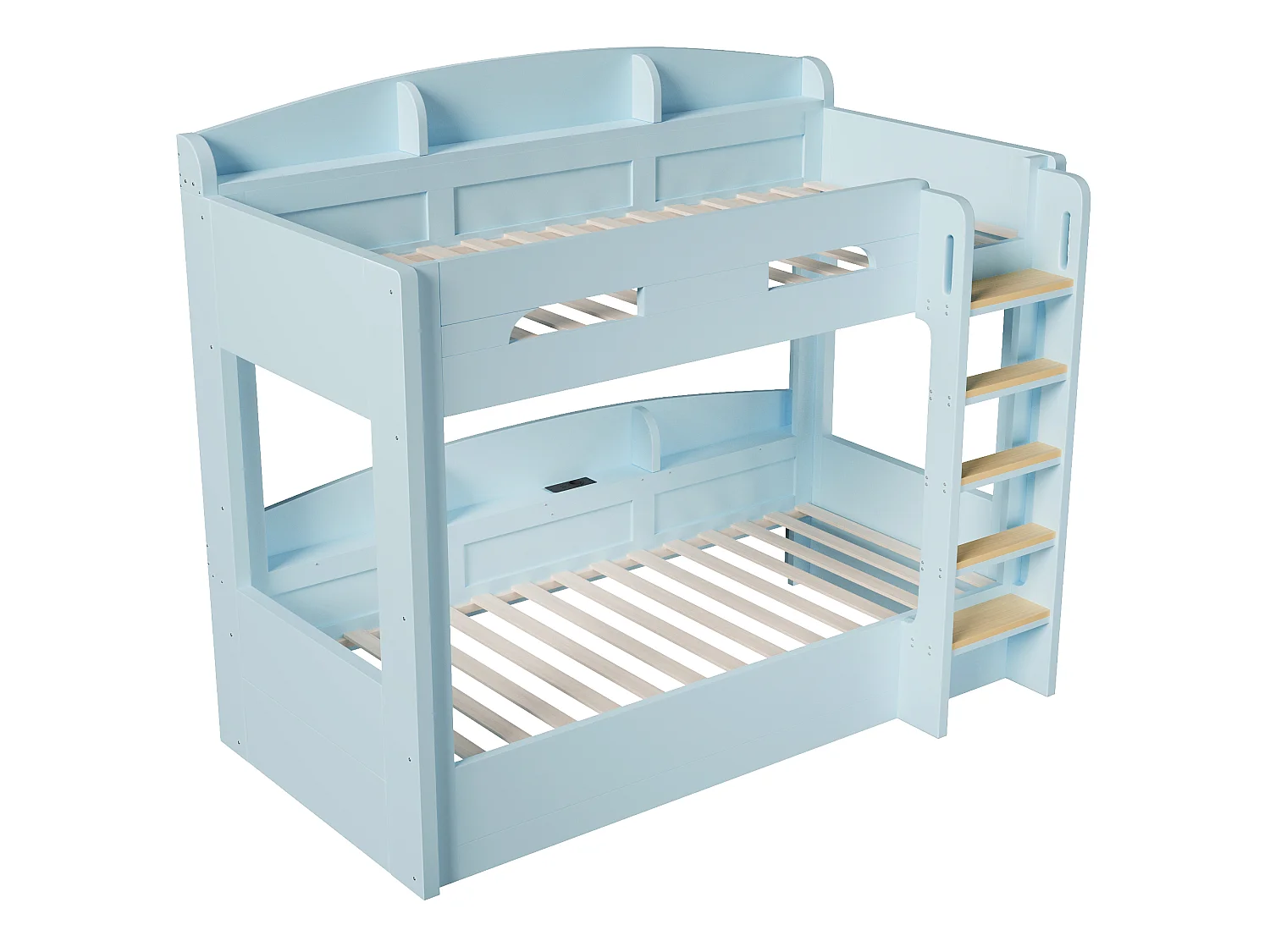 Lit superposé 90 x 200 cm - avec barrière de sécurité et échelle - avec port USB et étagère - MDF - Bleu clair (sans matelas)