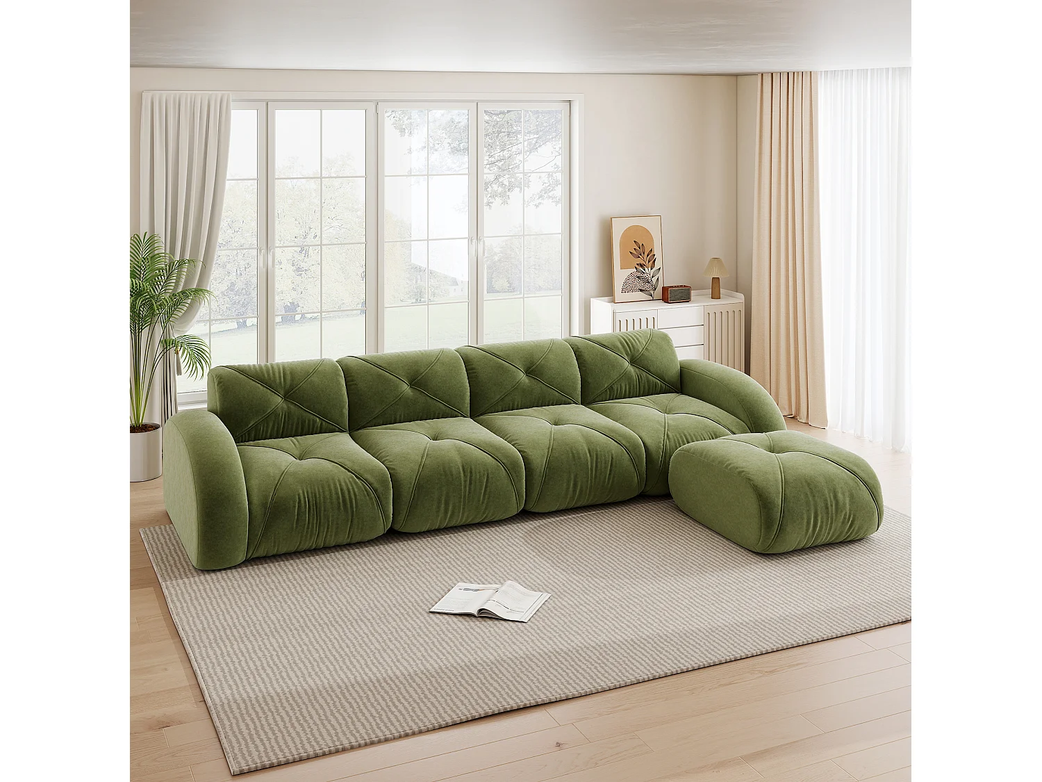 Canapé d'Angle Modulaire 4 Places avec Pouf en Chenille, Design Minimaliste sans Cadre, Assise Profonde et Flexible - Vert