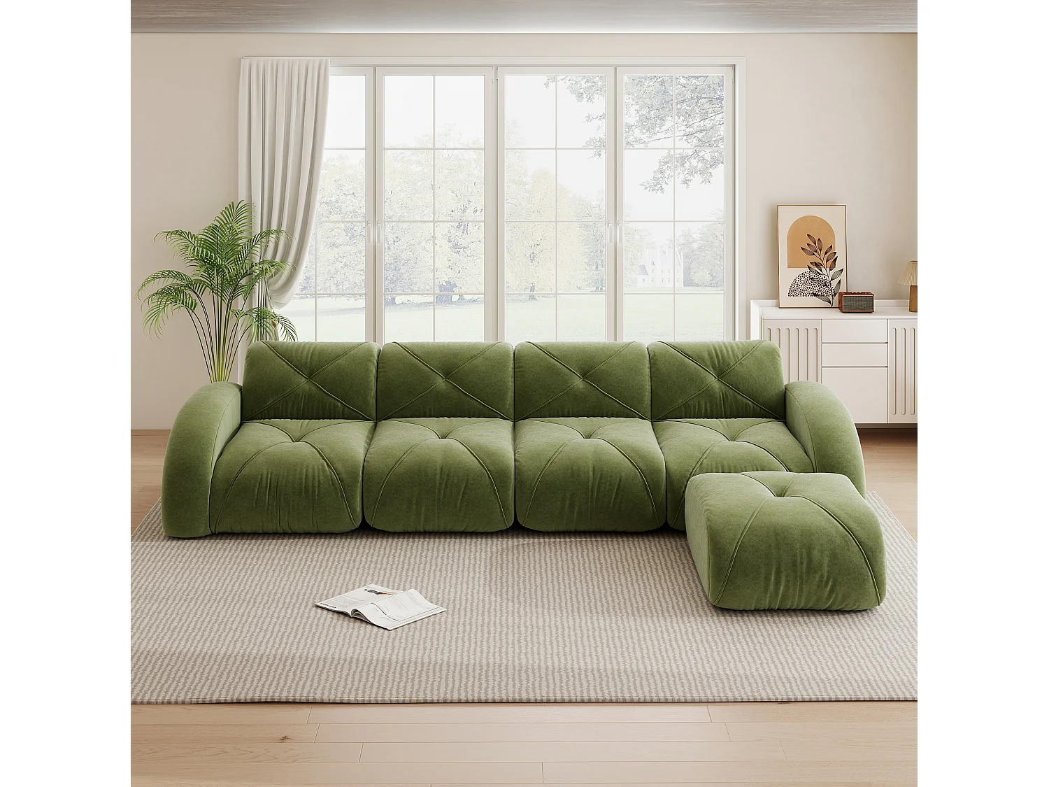 Canapé d'Angle Modulaire 4 Places avec Pouf en Chenille, Design Minimaliste sans Cadre, Assise Profonde et Flexible - Vert