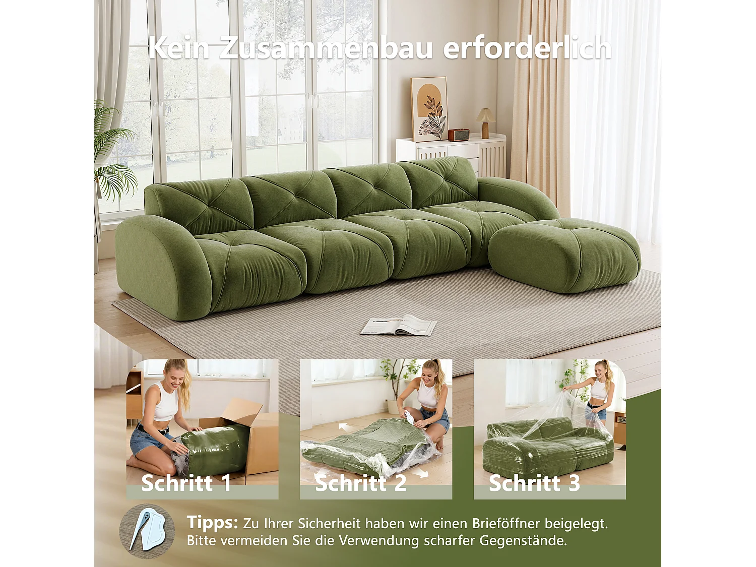 Canapé d'Angle Modulaire 4 Places avec Pouf en Chenille, Design Minimaliste sans Cadre, Assise Profonde et Flexible - Vert