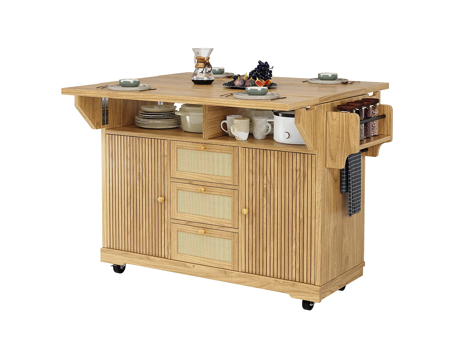 Îlot de Cuisine Mobile & Pliant 95cm - Desserte avec Tiroirs en Rotin PE, Rangement Latéral, Plan de Travail Extensible, Hauteur Ergonomique - Naturel