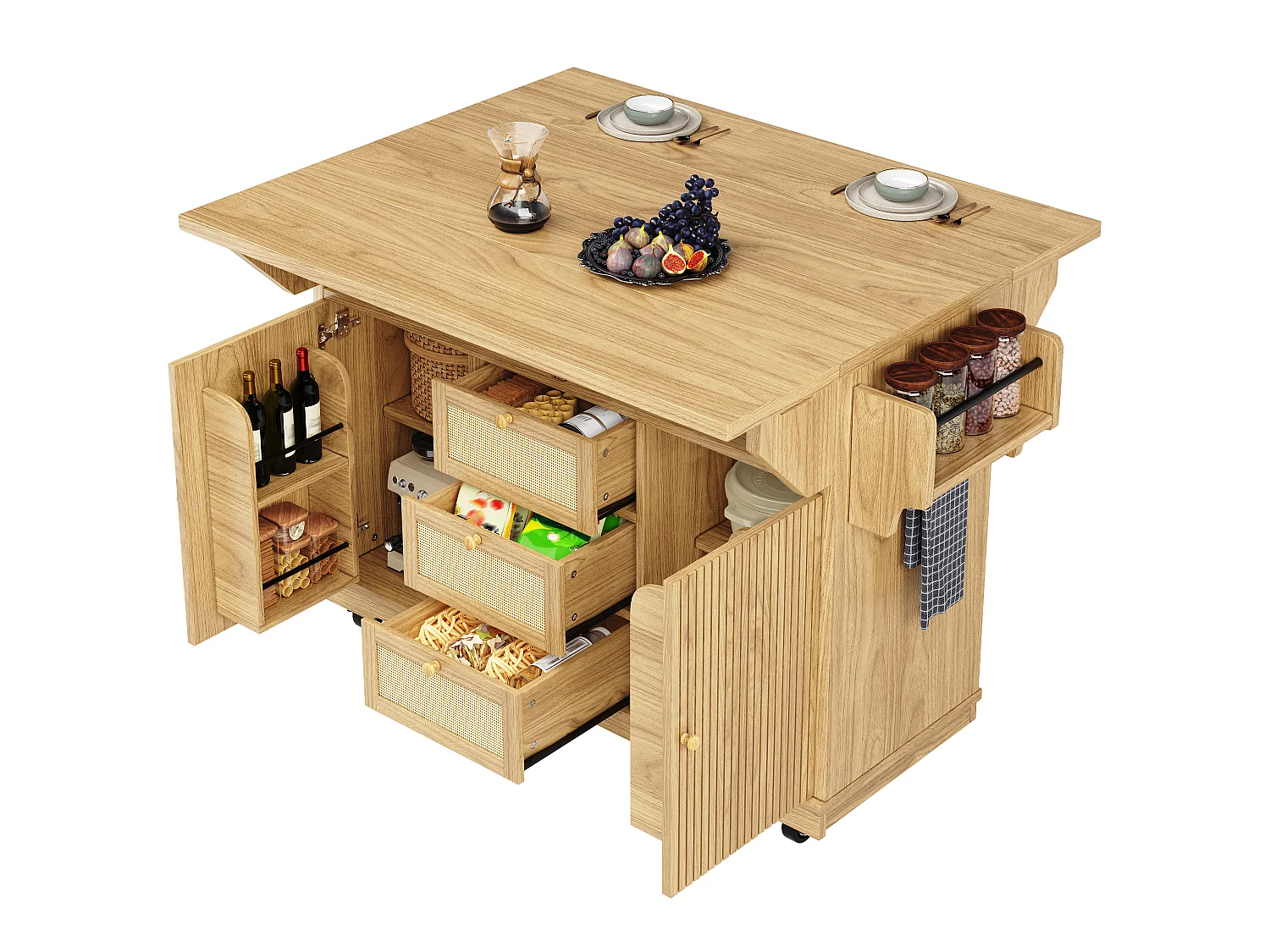 Îlot de Cuisine Mobile & Pliant 95cm - Desserte avec Tiroirs en Rotin PE, Rangement Latéral, Plan de Travail Extensible, Hauteur Ergonomique - Naturel