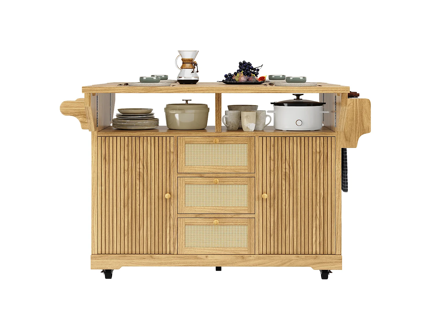 Îlot de Cuisine Mobile & Pliant 95cm - Desserte avec Tiroirs en Rotin PE, Rangement Latéral, Plan de Travail Extensible, Hauteur Ergonomique - Naturel