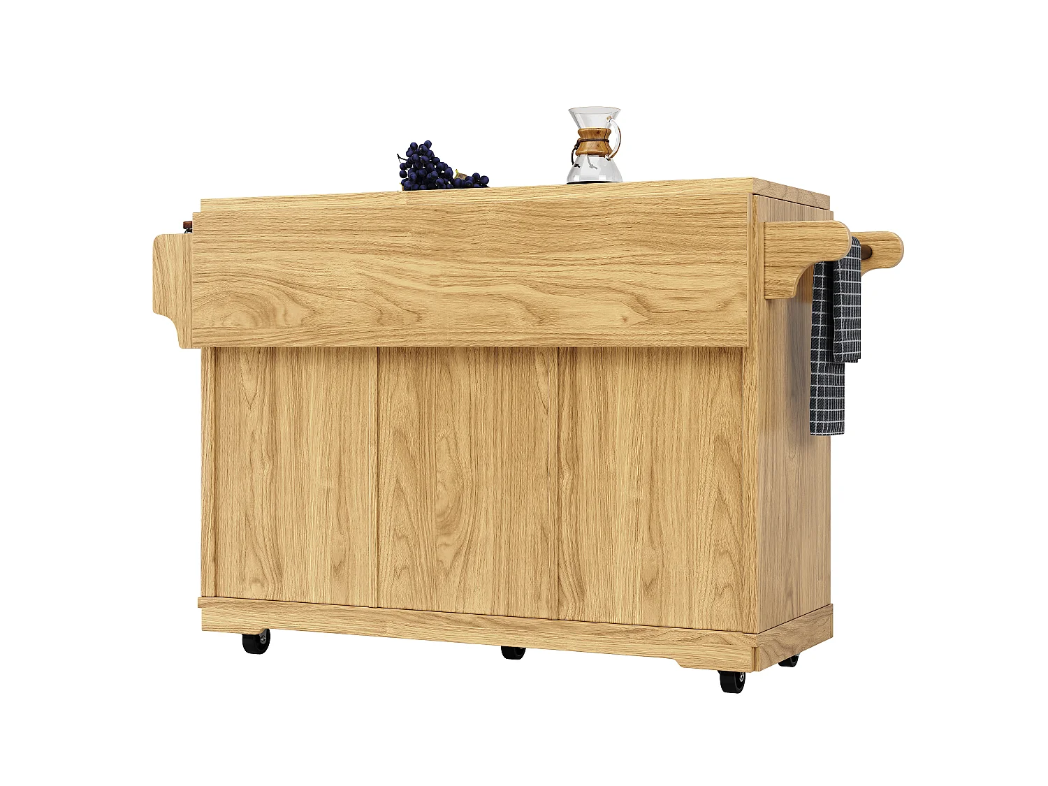 Îlot de Cuisine Mobile & Pliant 95cm - Desserte avec Tiroirs en Rotin PE, Rangement Latéral, Plan de Travail Extensible, Hauteur Ergonomique - Naturel