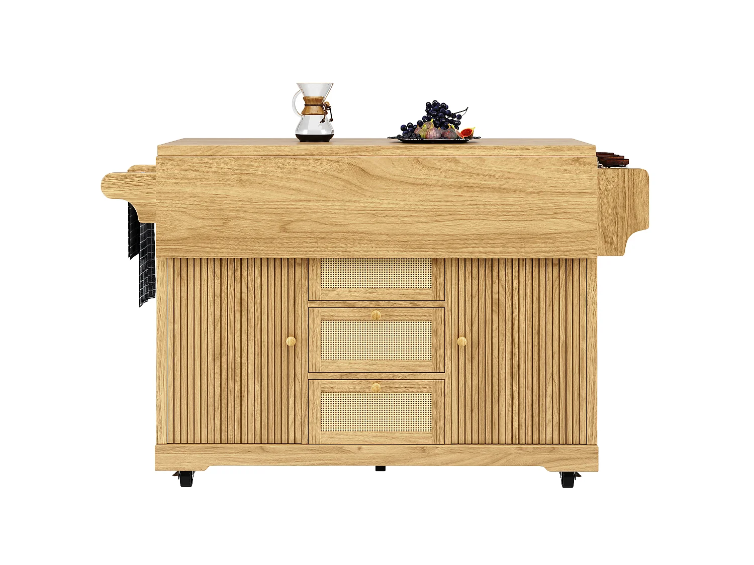 Îlot de Cuisine Mobile & Pliant 95cm - Desserte avec Tiroirs en Rotin PE, Rangement Latéral, Plan de Travail Extensible, Hauteur Ergonomique - Naturel