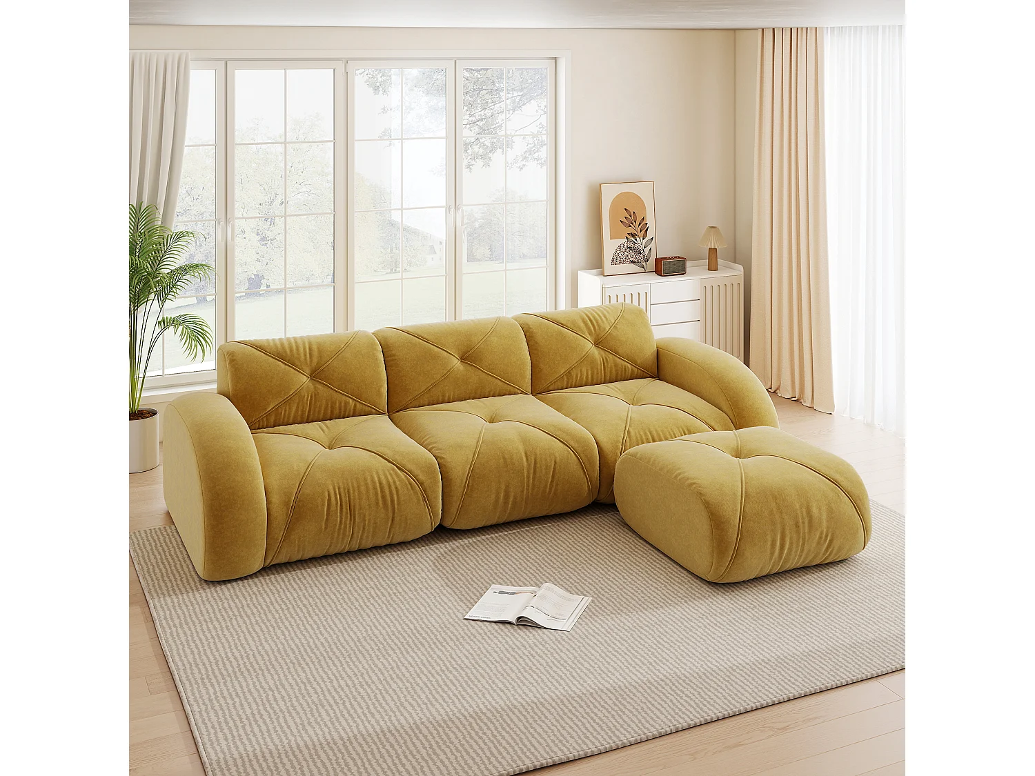 Canapé d'Angle Modulaire 3 Places avec Pouf en Chenille, Design Minimaliste sans Cadre, Assise Profonde et Flexible - Jaune
