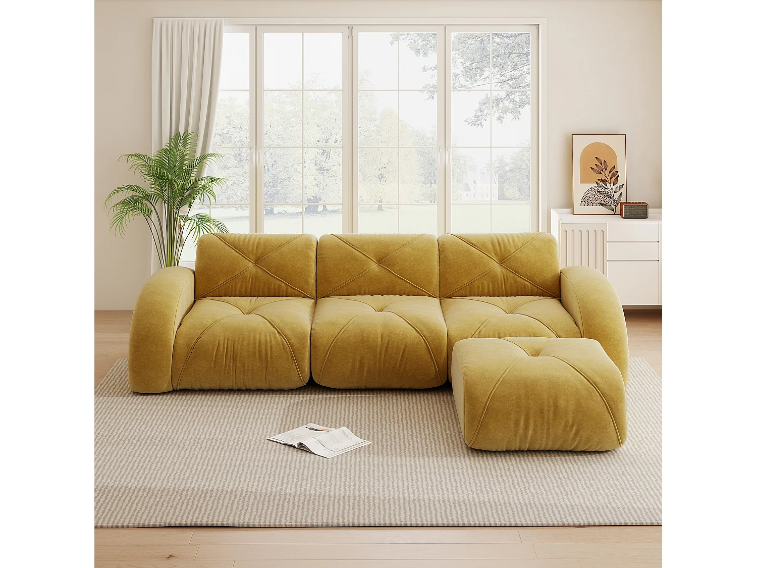 Canapé d'Angle Modulaire 3 Places avec Pouf en Chenille, Design Minimaliste sans Cadre, Assise Profonde et Flexible - Jaune