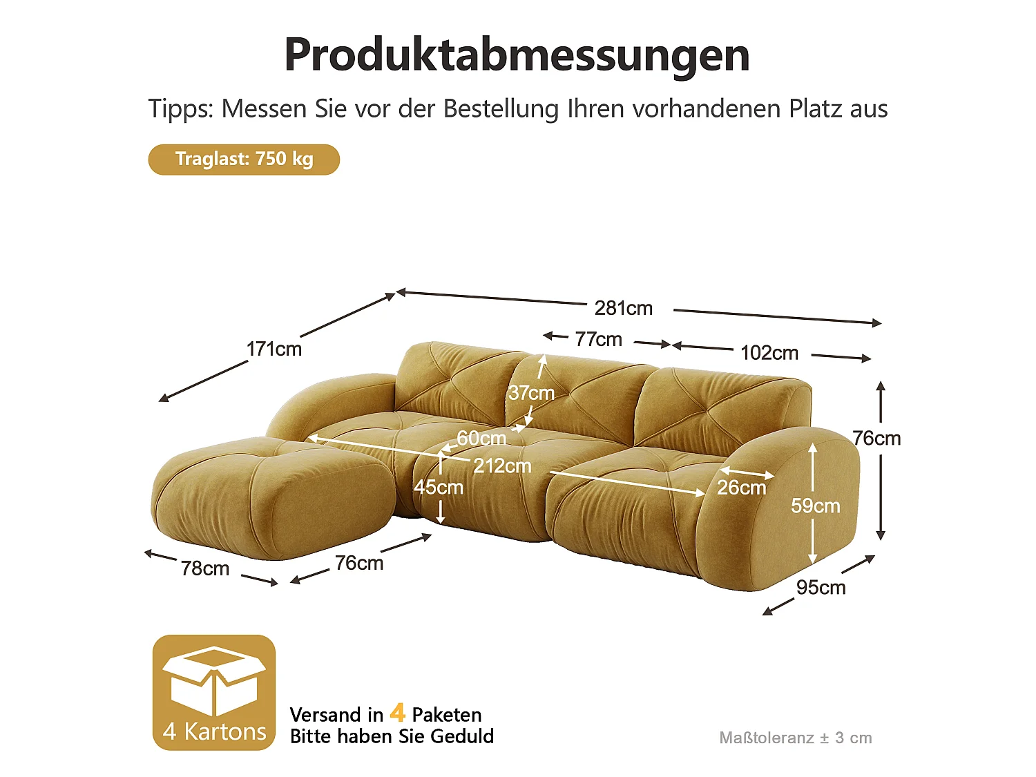 Canapé d'Angle Modulaire 3 Places avec Pouf en Chenille, Design Minimaliste sans Cadre, Assise Profonde et Flexible - Jaune